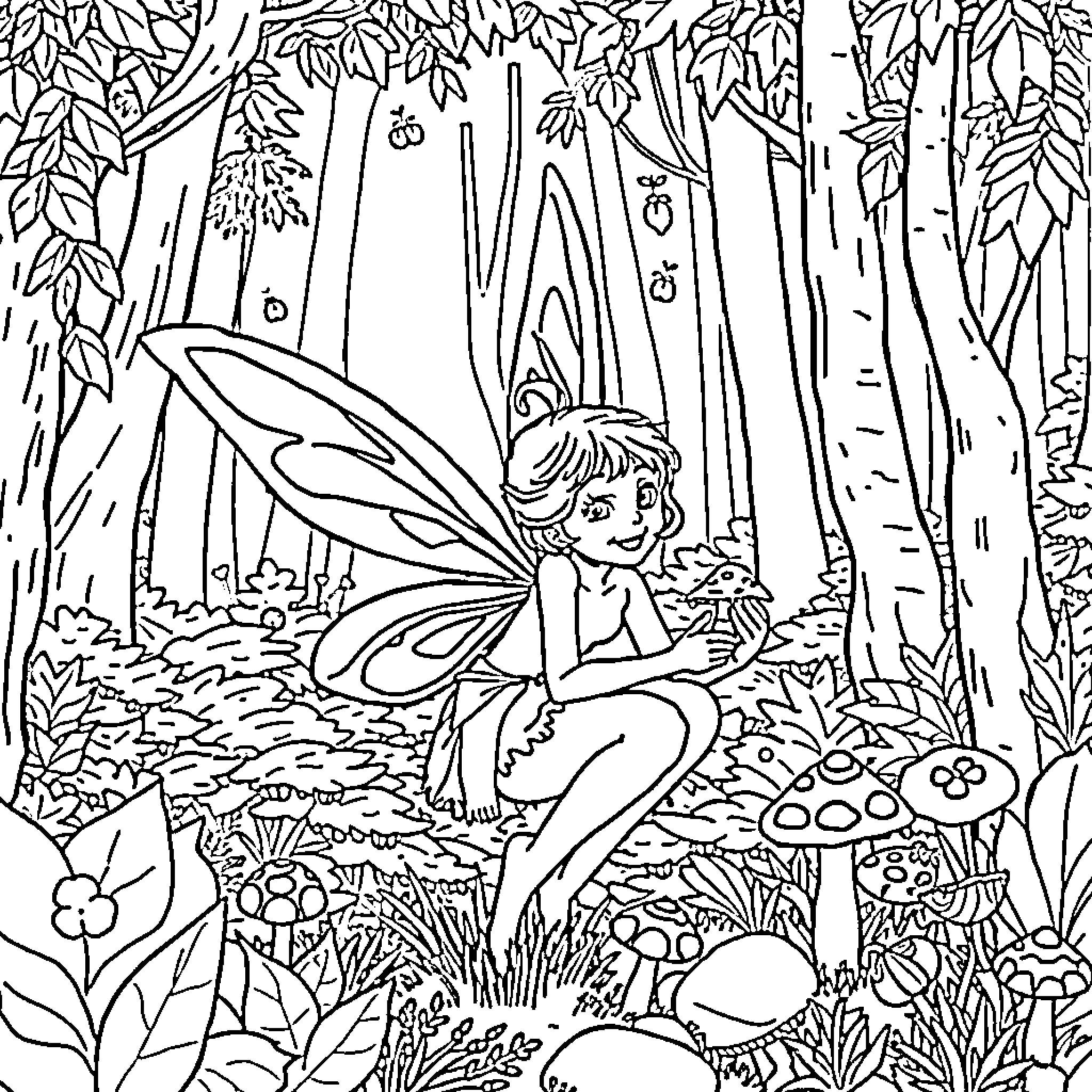 Sprite's Enchanting Forest Adventure Coloring Page (free black-and-white line drawing printable PDF for all, from beginners to advanced learners, including children, teens, adults, and seniors)
