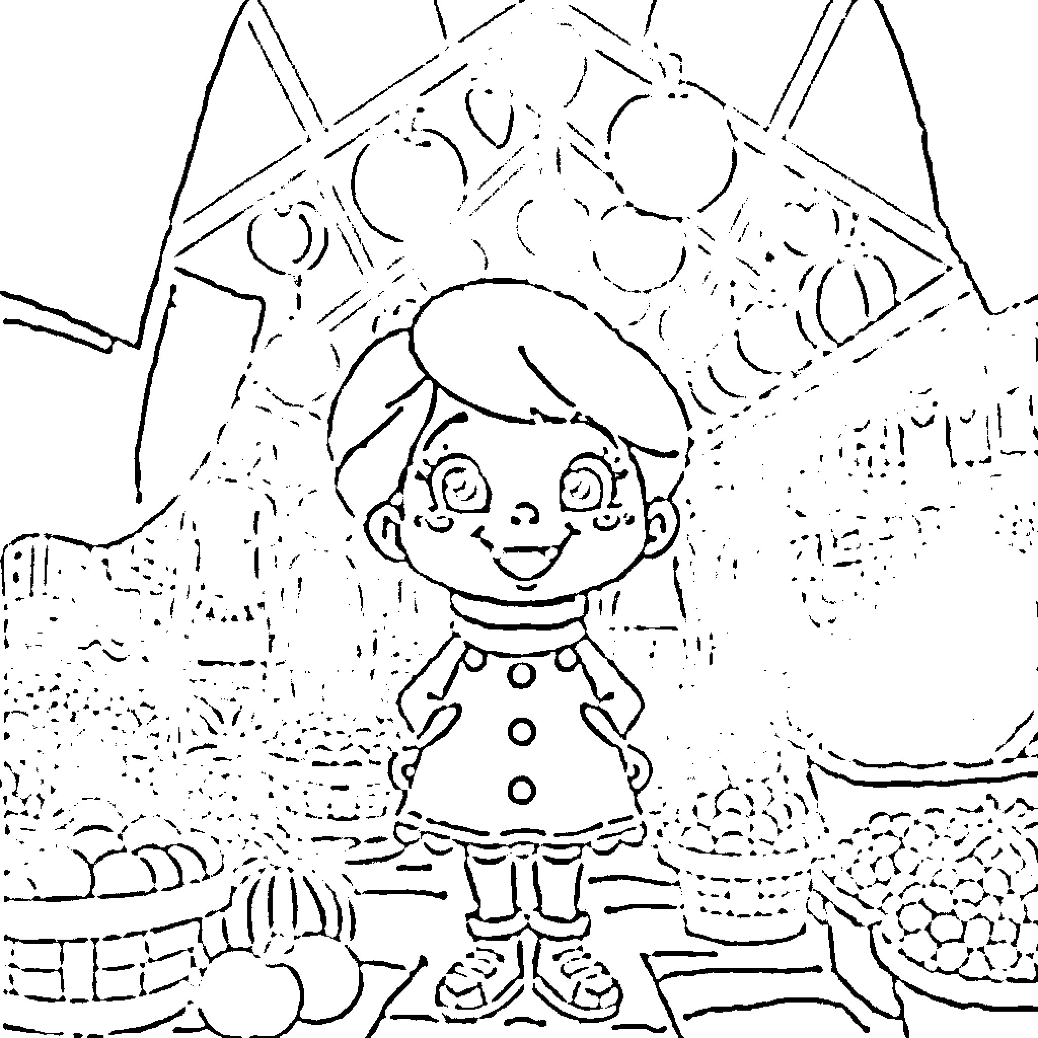 Zkat Smiling Girl in Whimsical Landscape Coloring Page (free black-and-white line drawing printable PDF for all, from beginners to advanced learners, including children, teens, adults, and seniors)