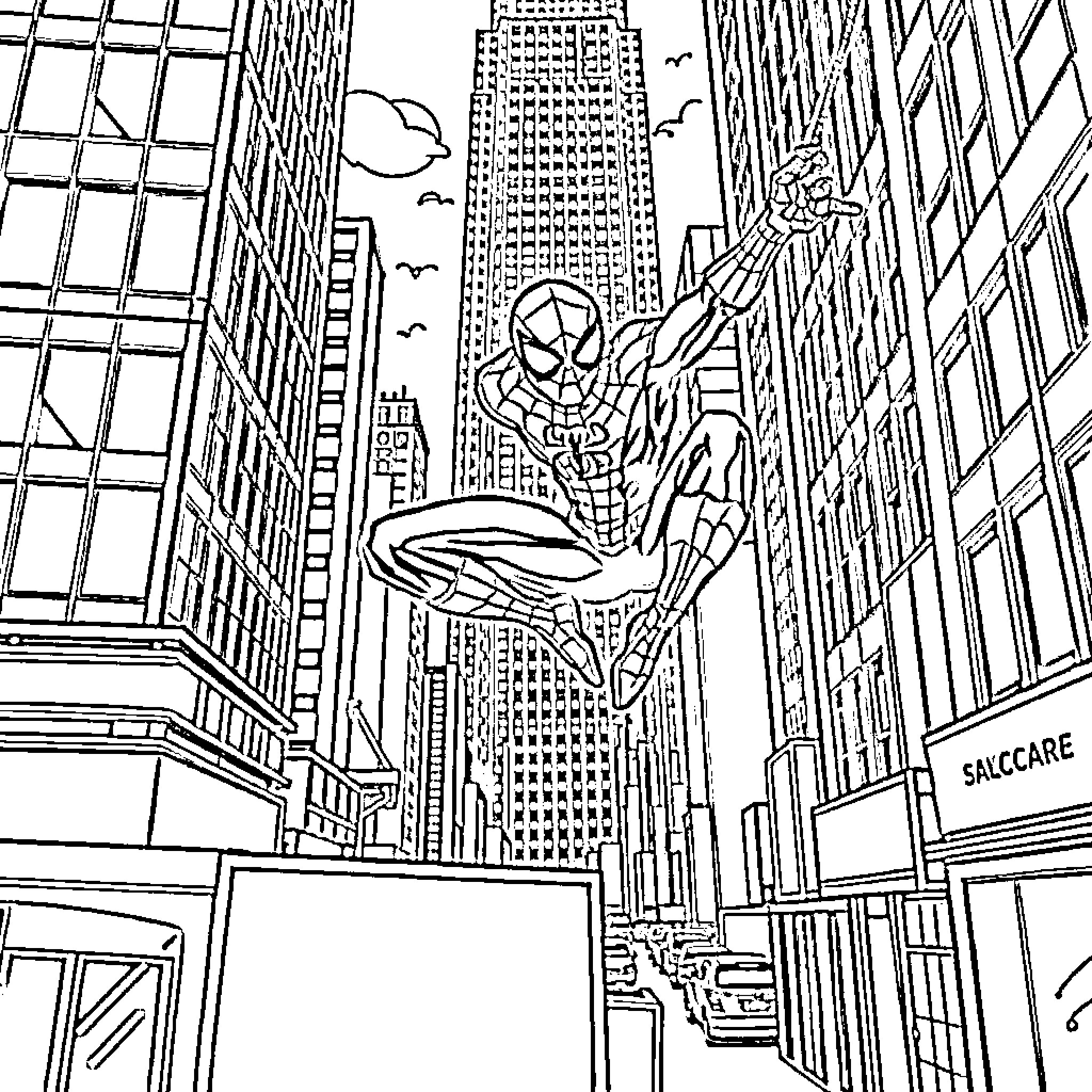 Spiderman swinging through the city skyline Coloring Page (free black-and-white line drawing printable PDF for all, from beginners to advanced learners, including children, teens, adults, and seniors)