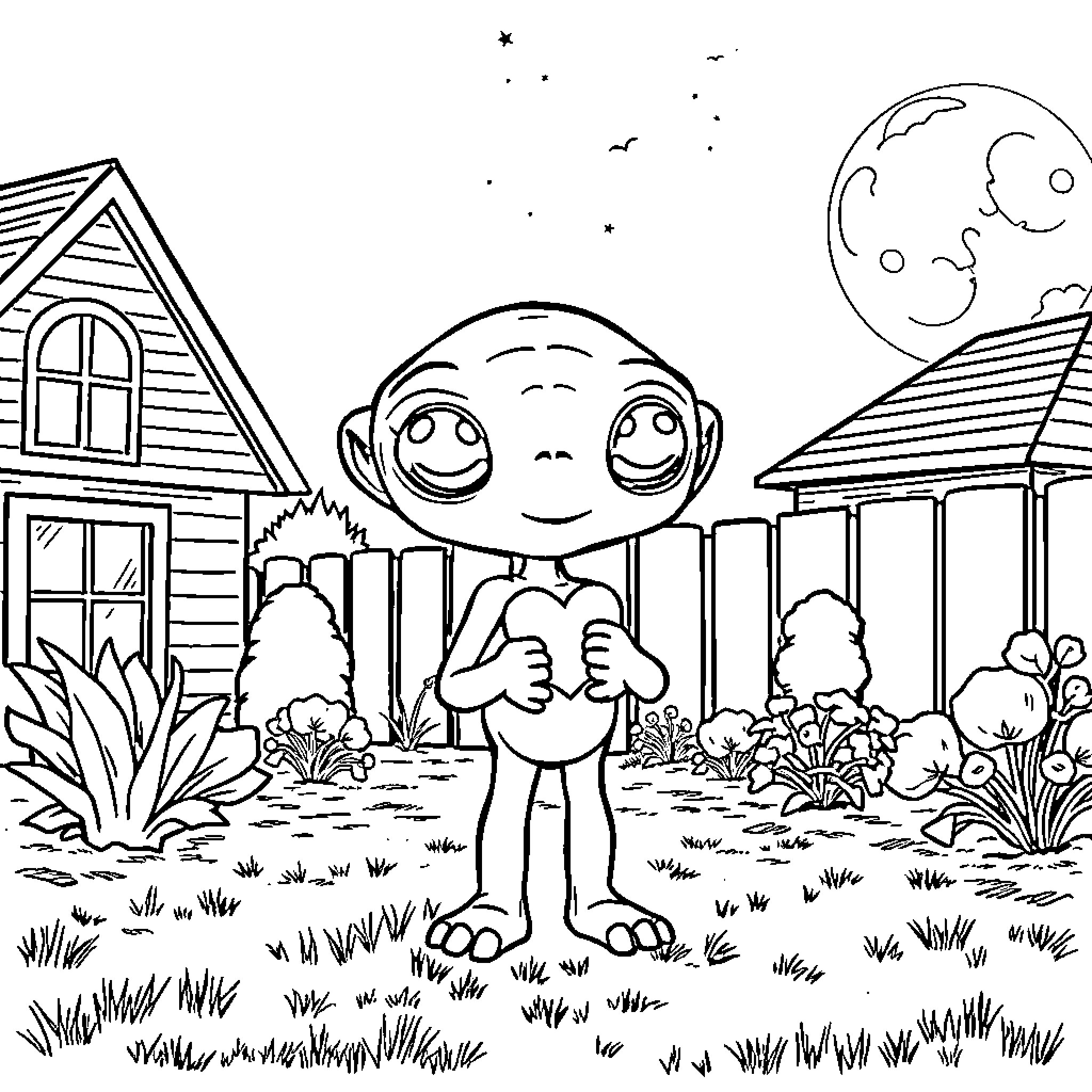 ET explores a quaint neighborhood under the night sky Coloring Page (free black-and-white line drawing printable PDF for all, from beginners to advanced learners, including children, teens, adults, and seniors)