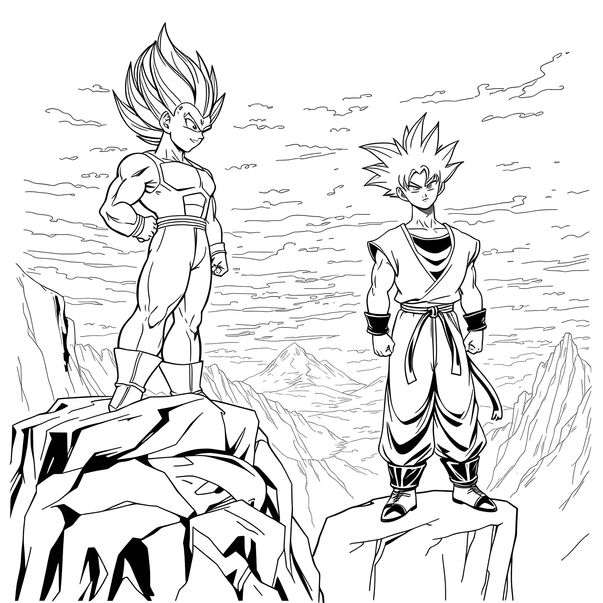 Vegeta and Goku in an intense battle Coloring Page (free black-and-white line drawing printable PDF for all, from beginners to advanced learners, including children, teens, adults, and seniors)