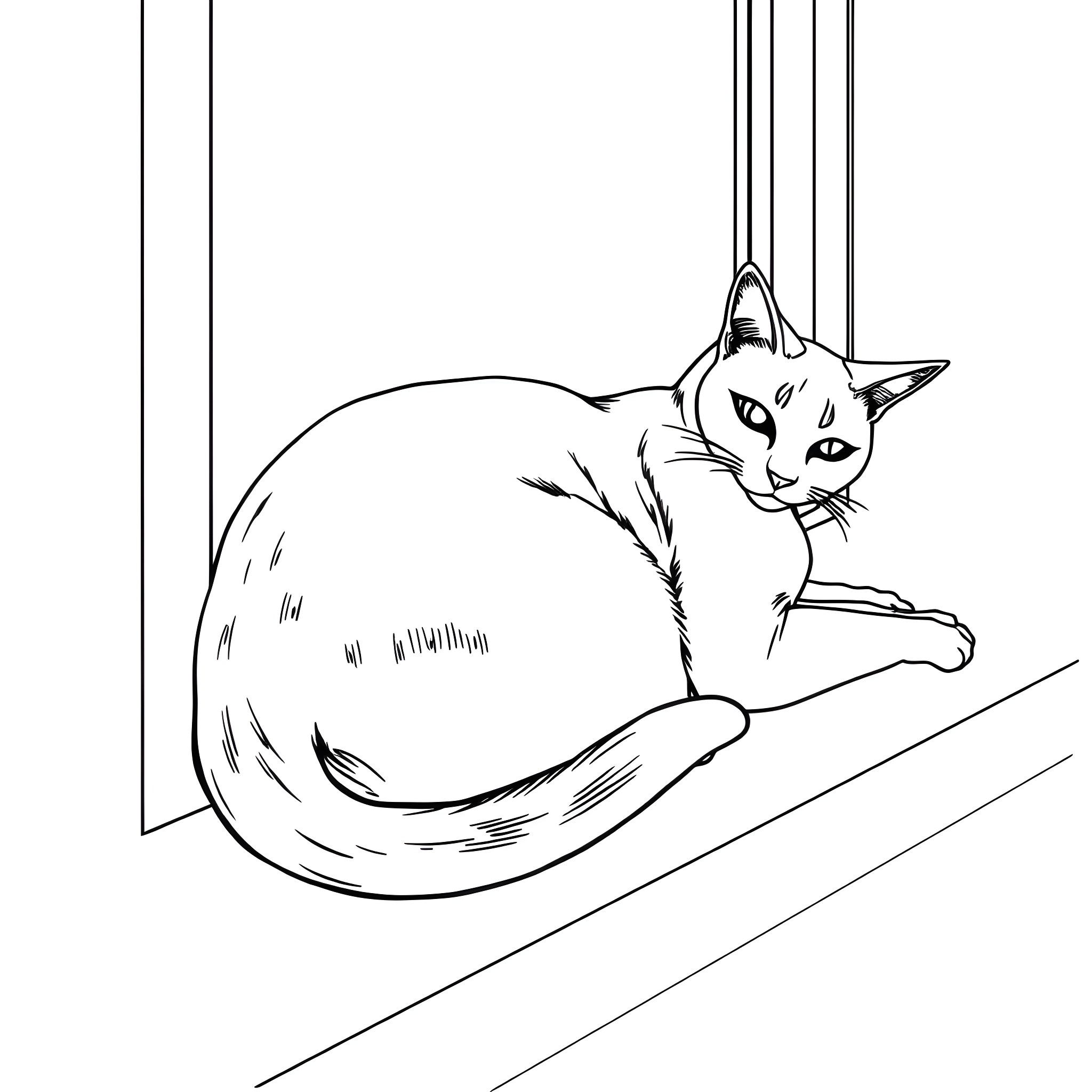 Cat relaxing peacefully on windowsill Coloring Page (free black-and-white line drawing printable PDF for all, from beginners to advanced learners, including children, teens, adults, and seniors)