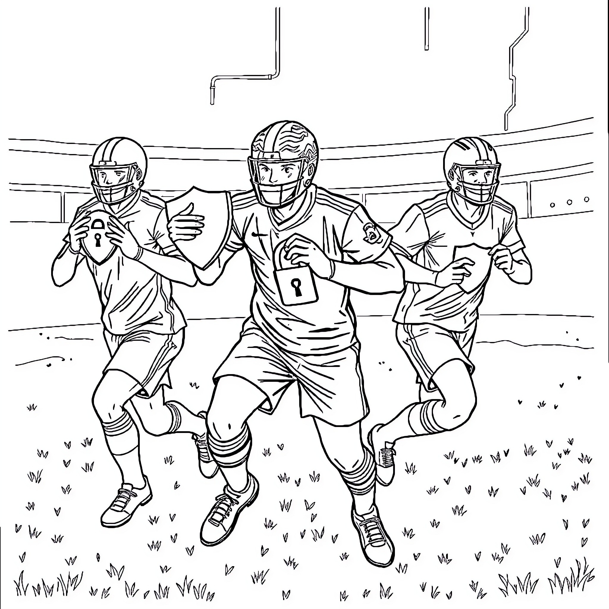 Footballer Running on the Field with Teammates Coloring Page (free black-and-white line drawing printable PDF for all, from beginners to advanced learners, including children, teens, adults, and seniors)