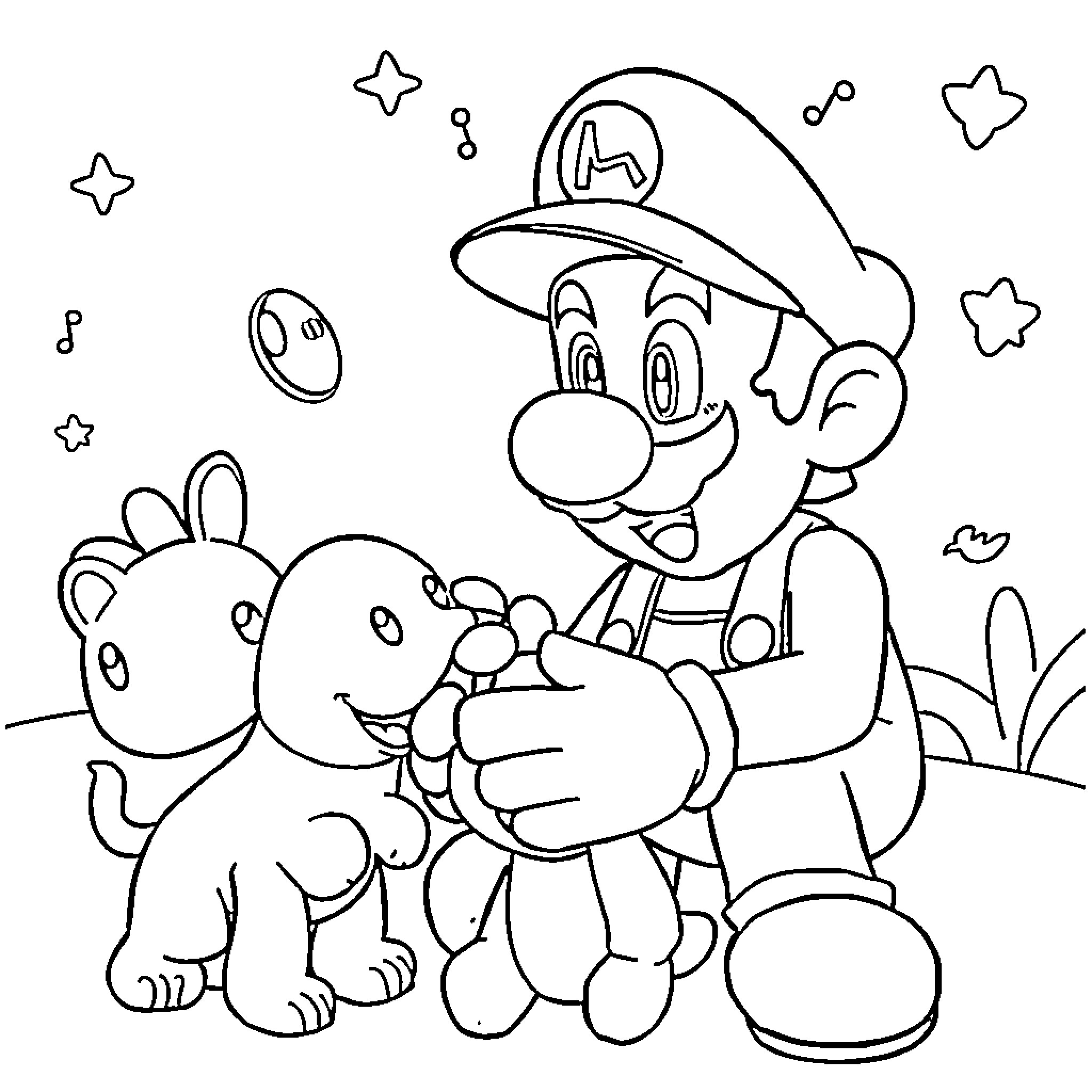 Mario and friends in a whimsical scene Coloring Page (free black-and-white line drawing printable PDF for all, from beginners to advanced learners, including children, teens, adults, and seniors)