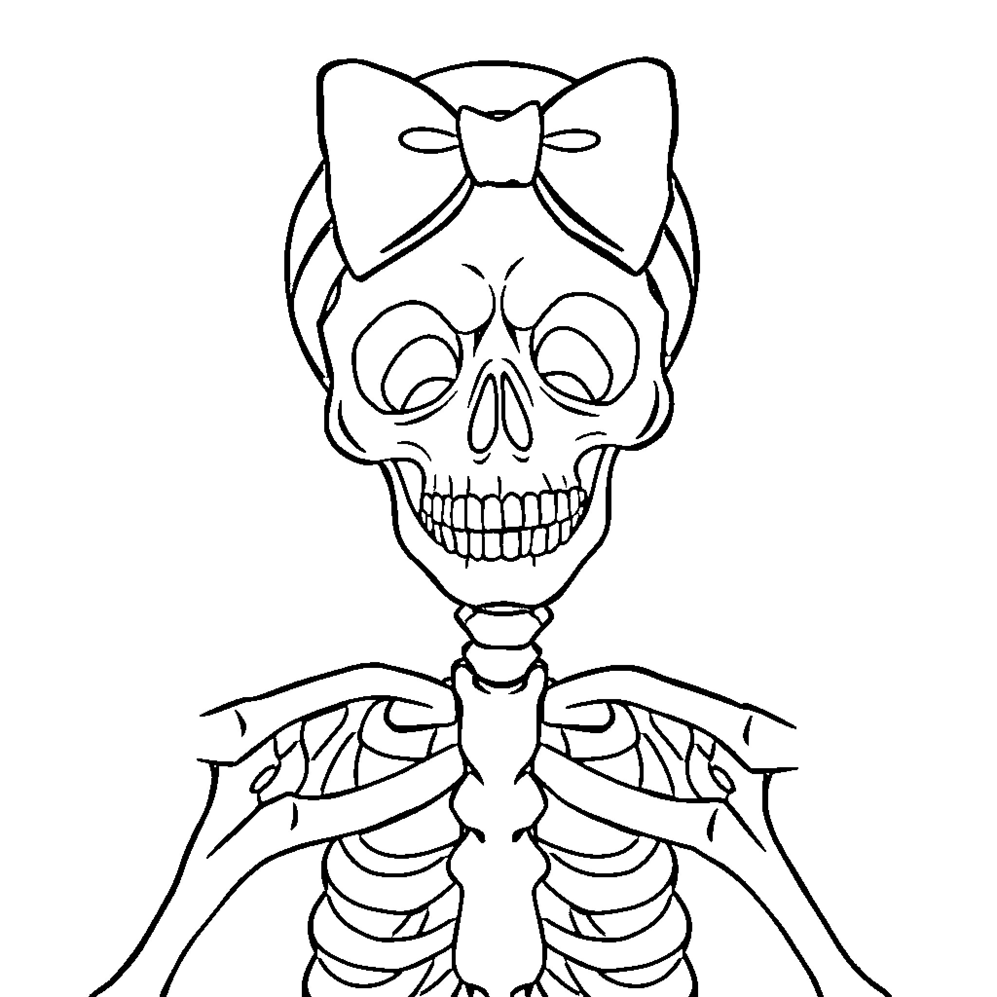 Skeleton with a Bow Tie Expressing Joy Coloring Page (free black-and-white line drawing printable PDF for all, from beginners to advanced learners, including children, teens, adults, and seniors)