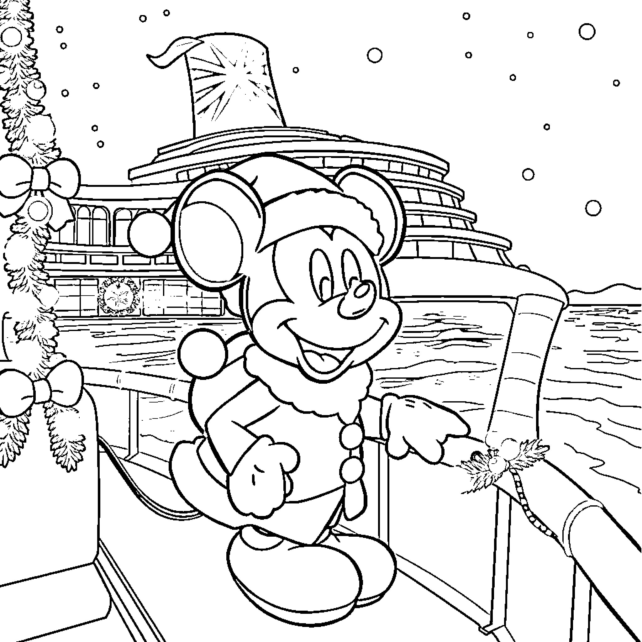 Mickey Mouse celebrating the holidays on a cruise ship Coloring Page (free black-and-white line drawing printable PDF for all, from beginners to advanced learners, including children, teens, adults, and seniors)
