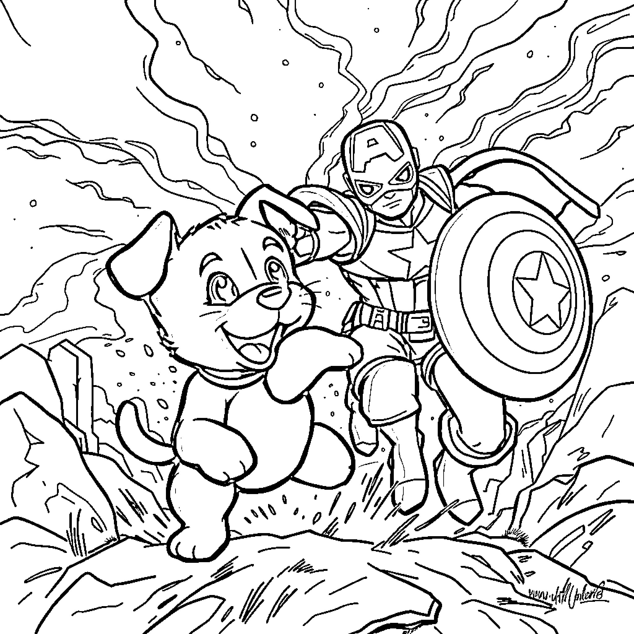 Bluey's Adventure with Captain America Coloring Page (free black-and-white line drawing printable PDF for all, from beginners to advanced learners, including children, teens, adults, and seniors)