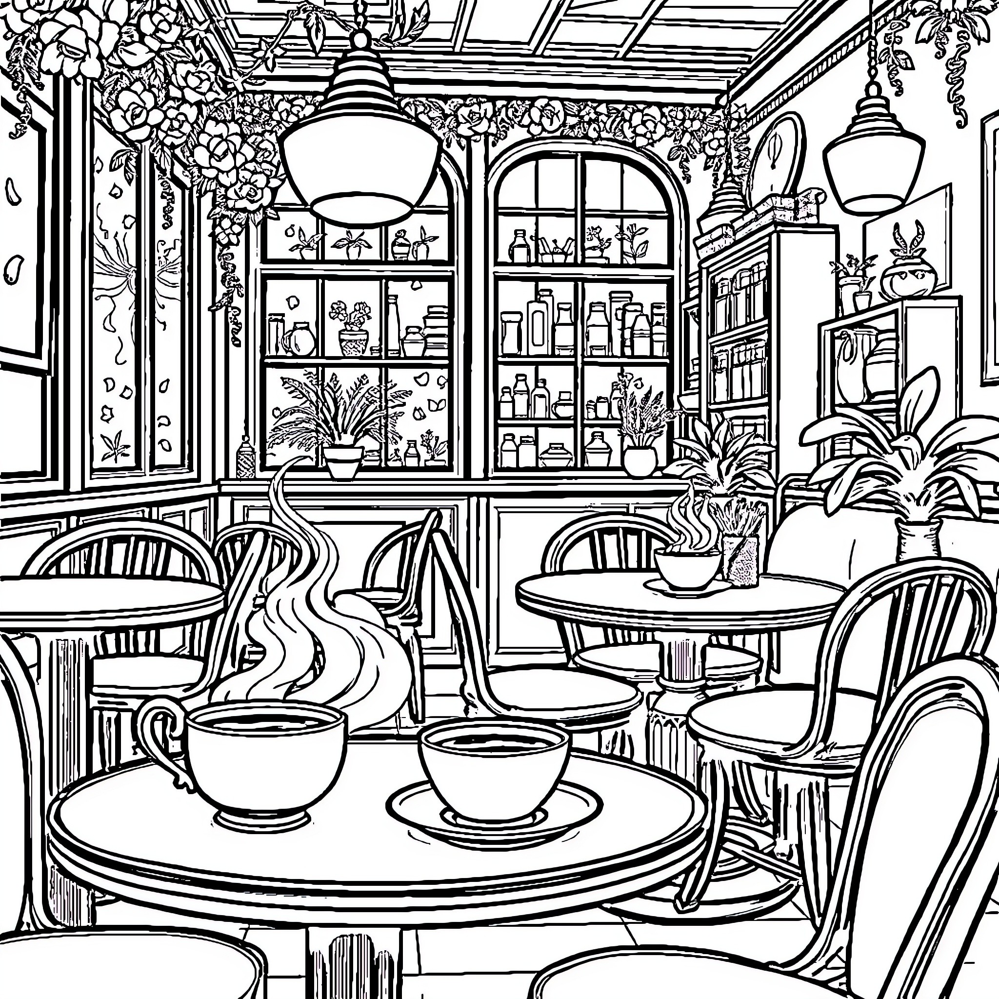 Tea Time in a Cozy Cafe Coloring Page (free black-and-white line drawing printable PDF for all, from beginners to advanced learners, including children, teens, adults, and seniors)