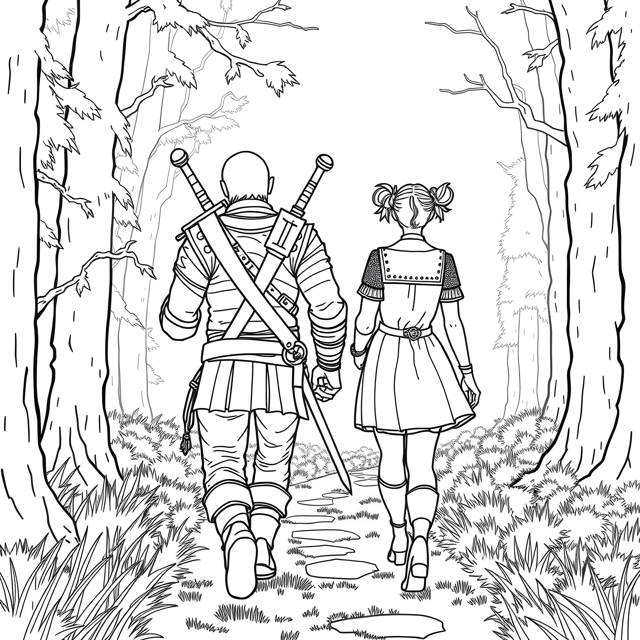 Geralt and Ciri exploring the enchanted forest Coloring Page (free black-and-white line drawing printable PDF for all, from beginners to advanced learners, including children, teens, adults, and seniors)