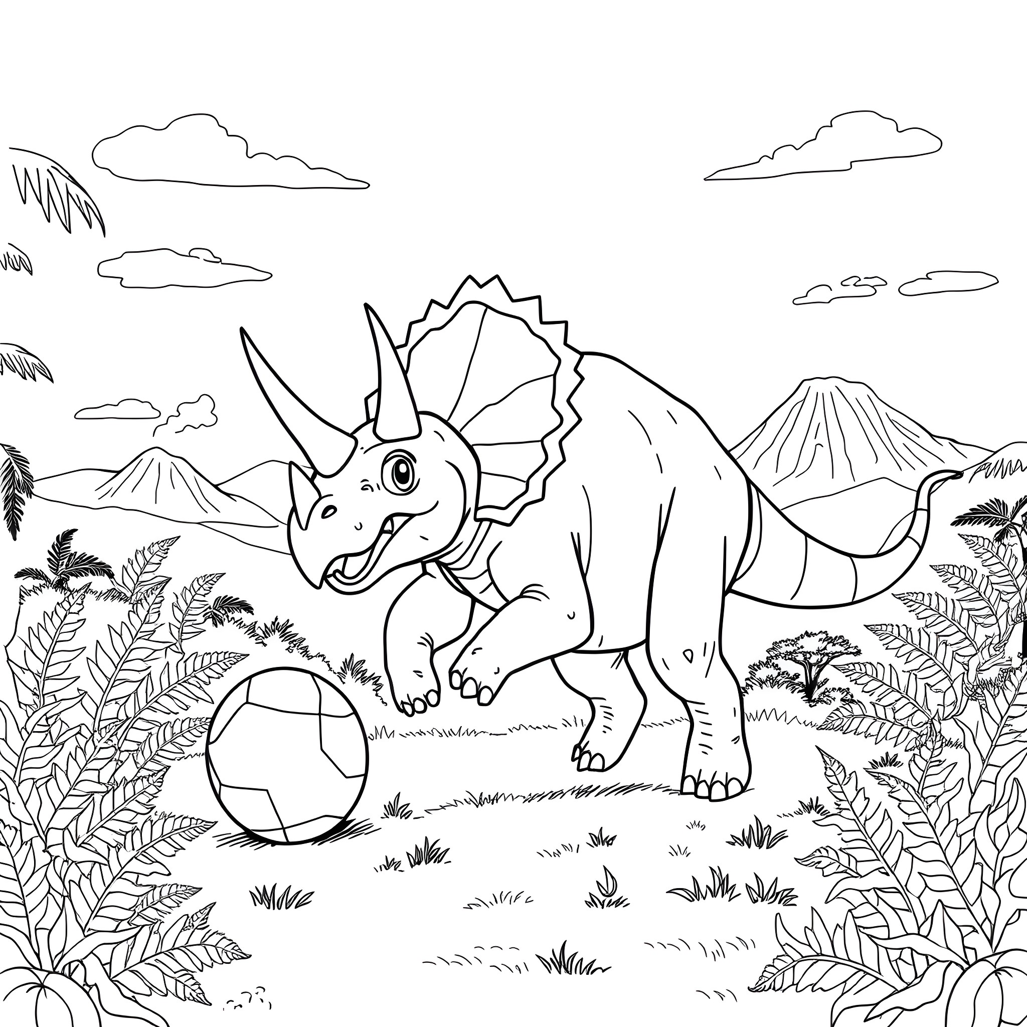 Triceratops playing with a ball in the prehistoric landscape Coloring Page (free black-and-white line drawing printable PDF for all, from beginners to advanced learners, including children, teens, adults, and seniors)