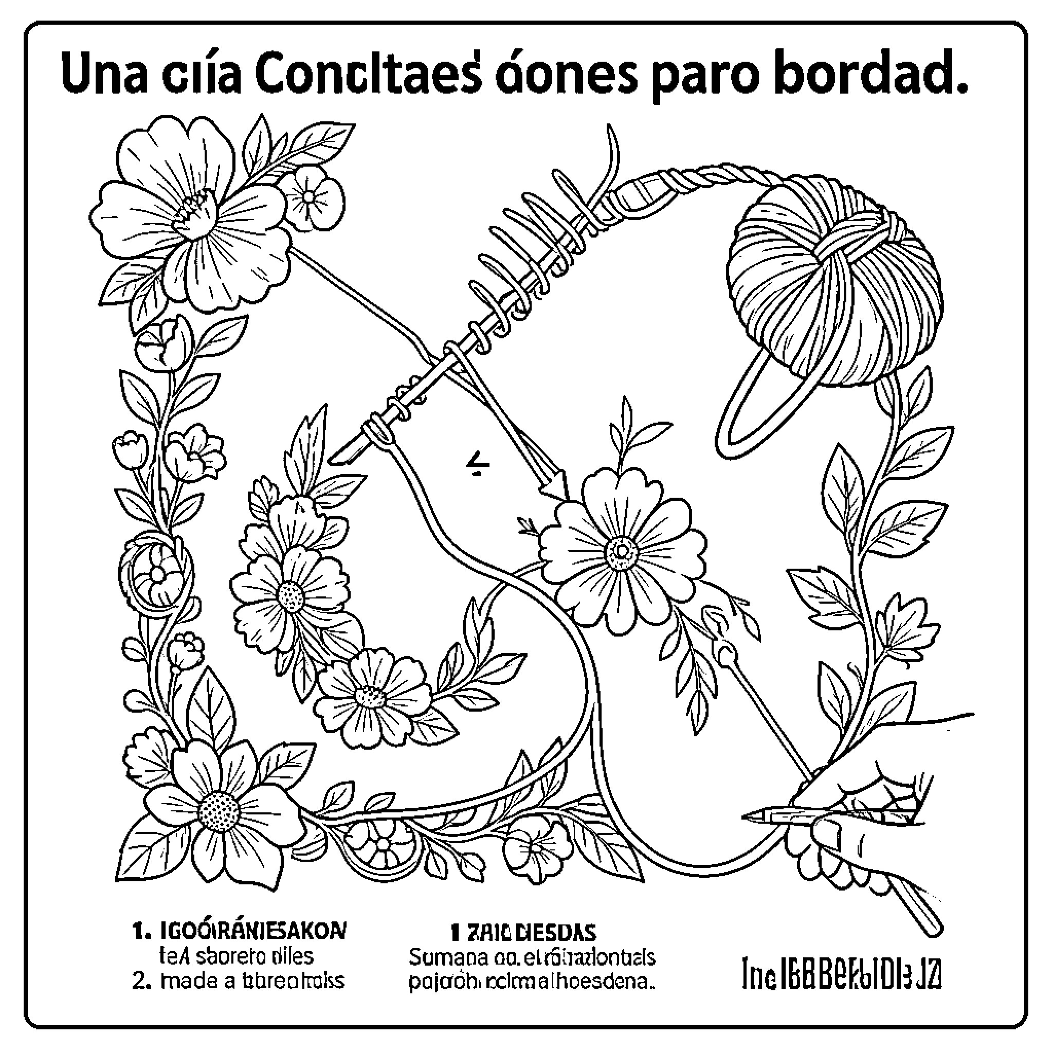 Embroidery Guide showcasing floral patterns and sewing tools Coloring Page (free black-and-white line drawing printable PDF for all, from beginners to advanced learners, including children, teens, adults, and seniors)