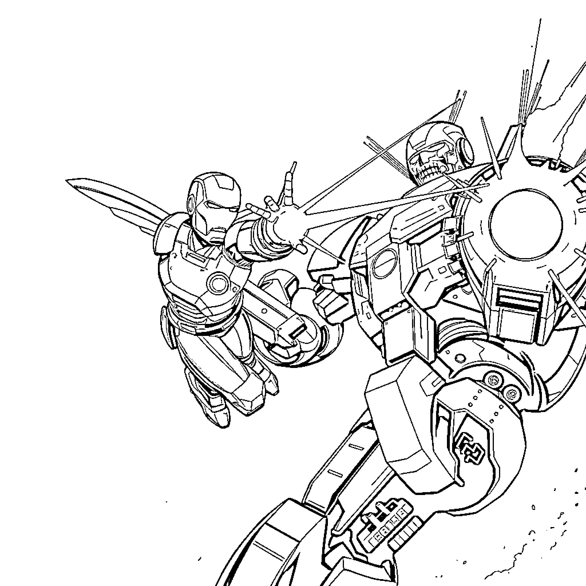 Iron Man in action-packed battle with advanced weaponry Coloring Page (free black-and-white line drawing printable PDF for all, from beginners to advanced learners, including children, teens, adults, and seniors)