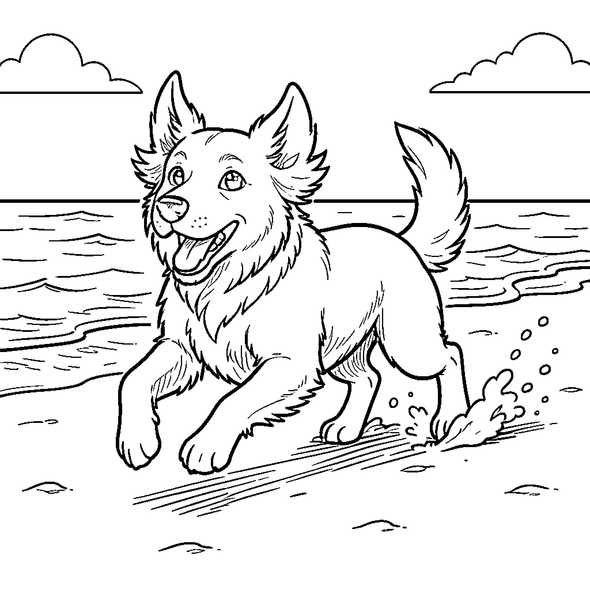 Dog running joyfully along the beach shoreline Coloring Page (free black-and-white line drawing printable PDF for all, from beginners to advanced learners, including children, teens, adults, and seniors)