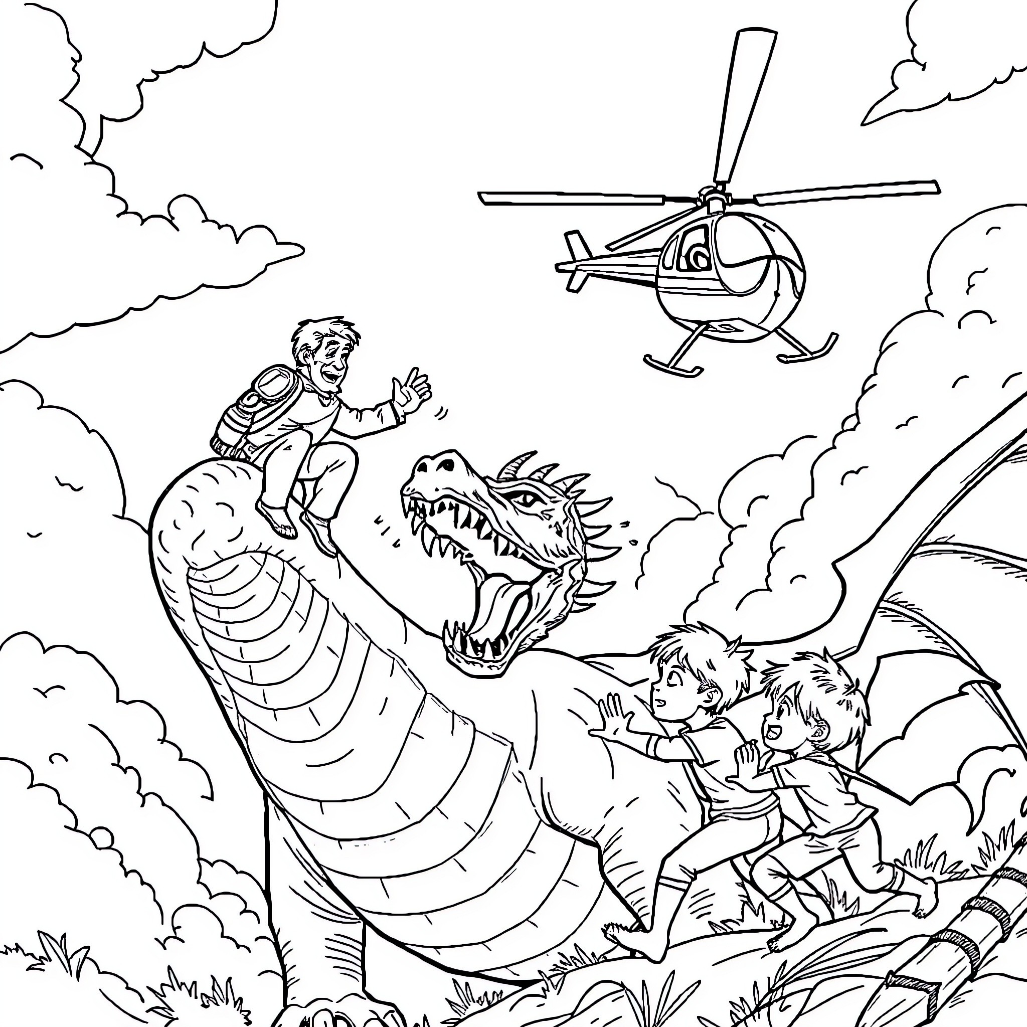 Helicopter rescues people from giant serpent Coloring Page (free black-and-white line drawing printable PDF for all, from beginners to advanced learners, including children, teens, adults, and seniors)