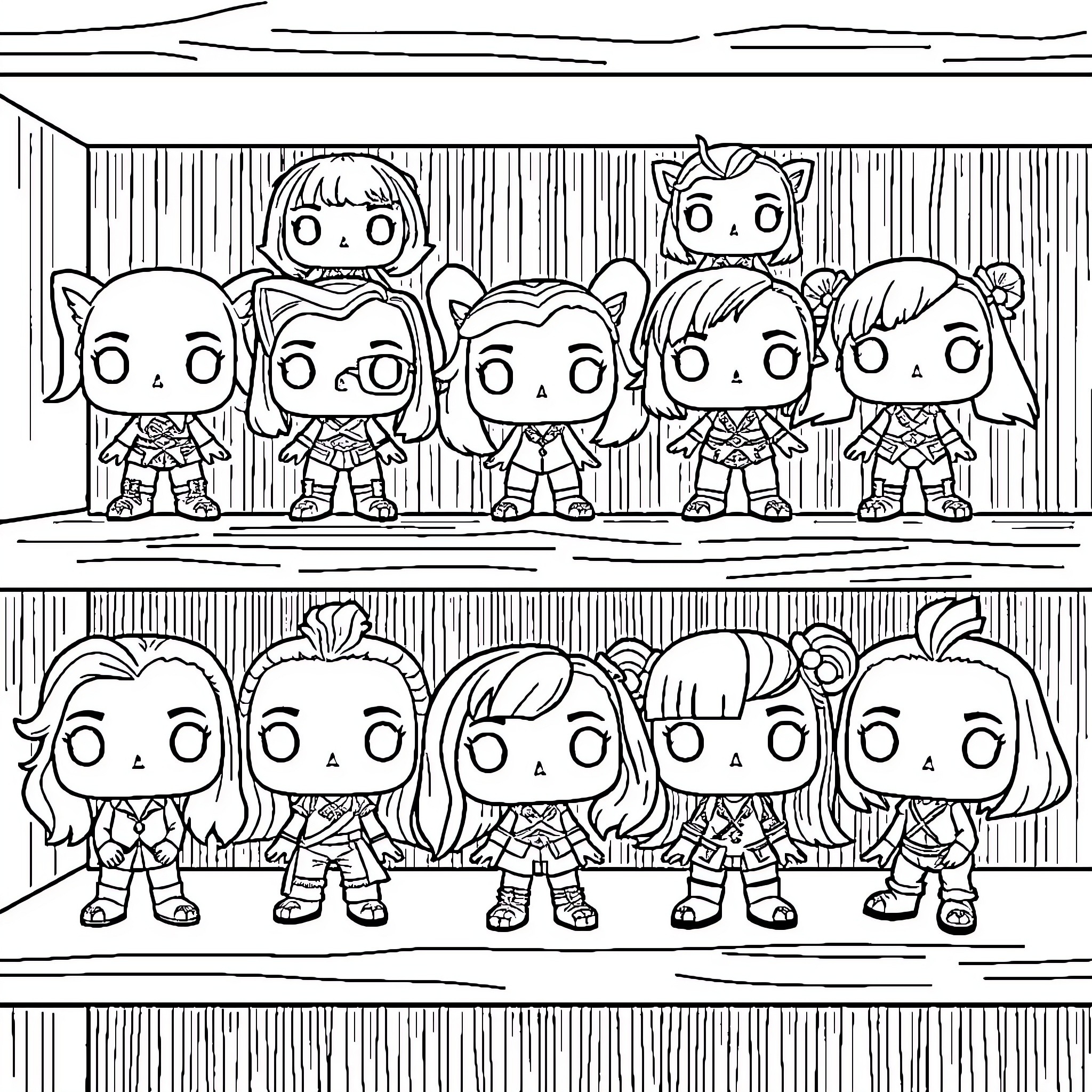 QPOP Dolls in Various Poses and Expressions Coloring Page (free black-and-white line drawing printable PDF for all, from beginners to advanced learners, including children, teens, adults, and seniors)