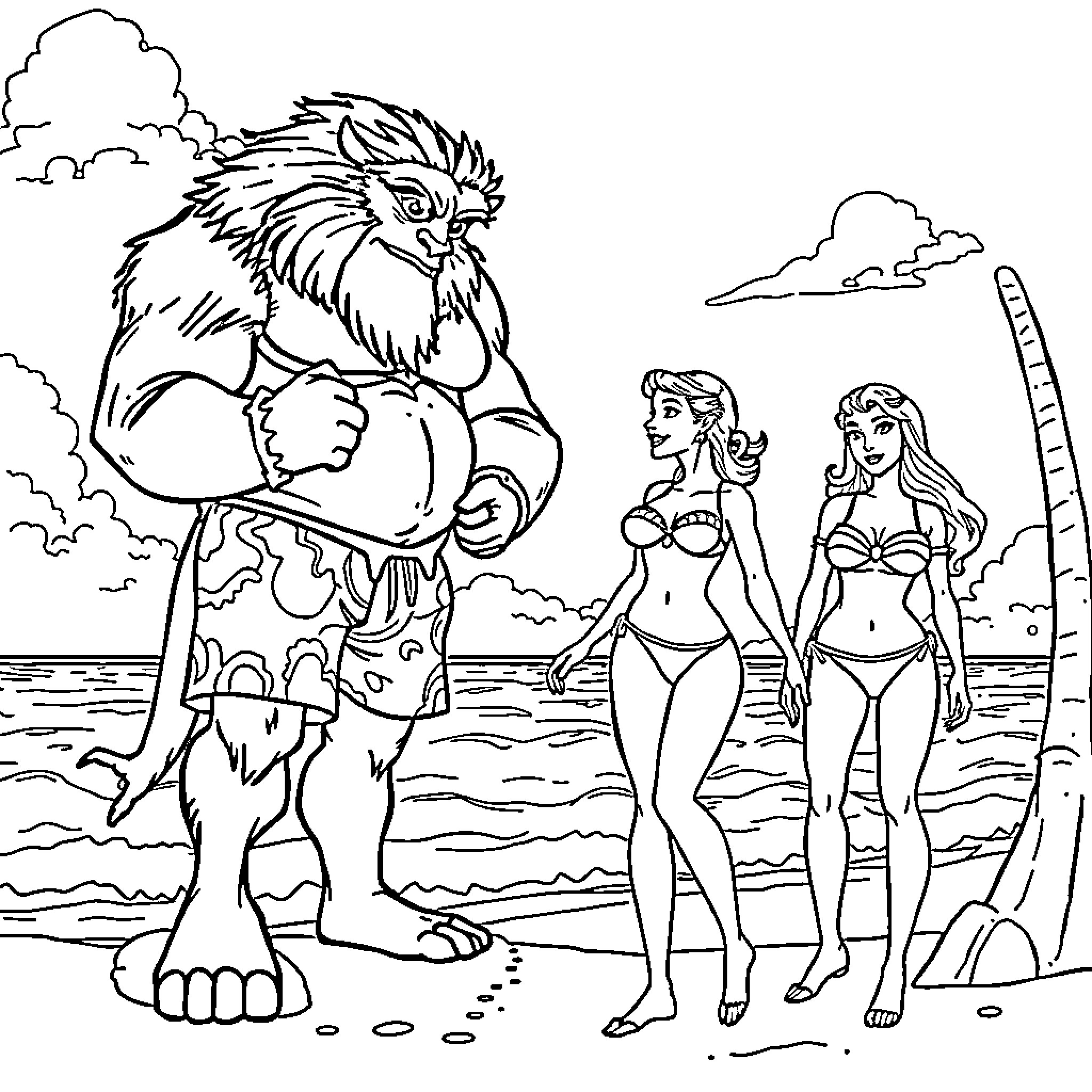 Beauty And The Beast enjoy a summer beach day Coloring Page (free black-and-white line drawing printable PDF for all, from beginners to advanced learners, including children, teens, adults, and seniors)