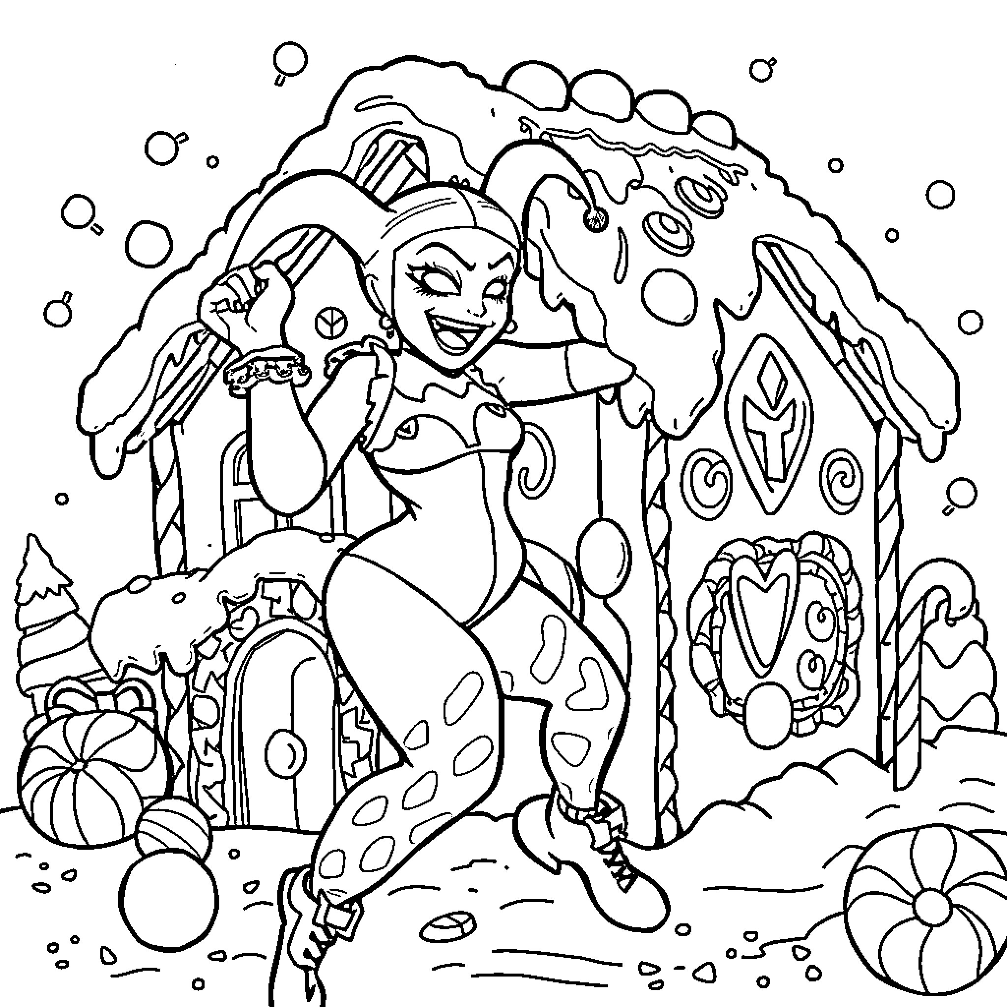 Harley Quinn's Whimsical Winter Wonderland Adventure Coloring Page (free black-and-white line drawing printable PDF for all, from beginners to advanced learners, including children, teens, adults, and seniors)
