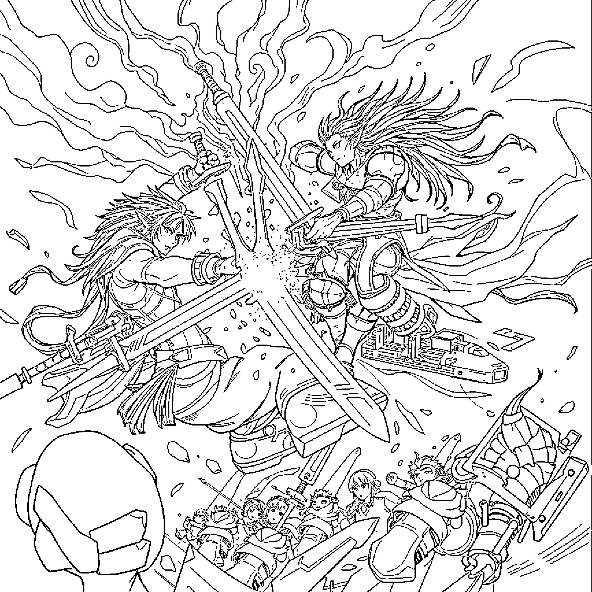 Final Fantasy 7 Epic Battle with Iconic Characters Coloring Page (free black-and-white line drawing printable PDF for all, from beginners to advanced learners, including children, teens, adults, and seniors)