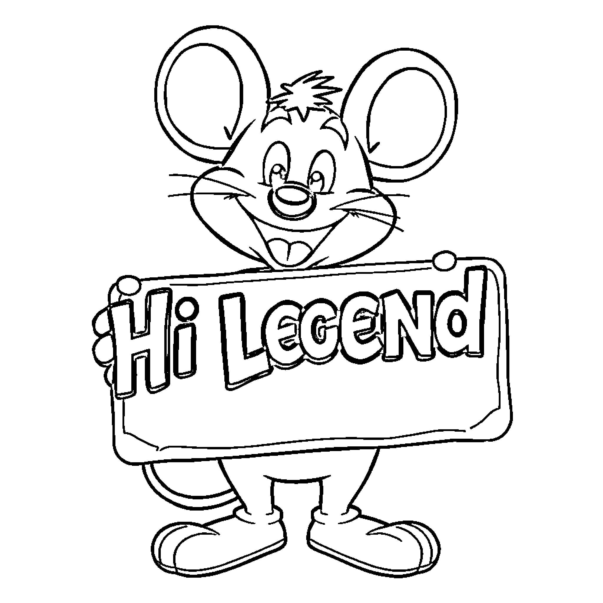 Chuck E. Cheese character holding 'Hi Legend' sign Coloring Page (free black-and-white line drawing printable PDF for all, from beginners to advanced learners, including children, teens, adults, and seniors)