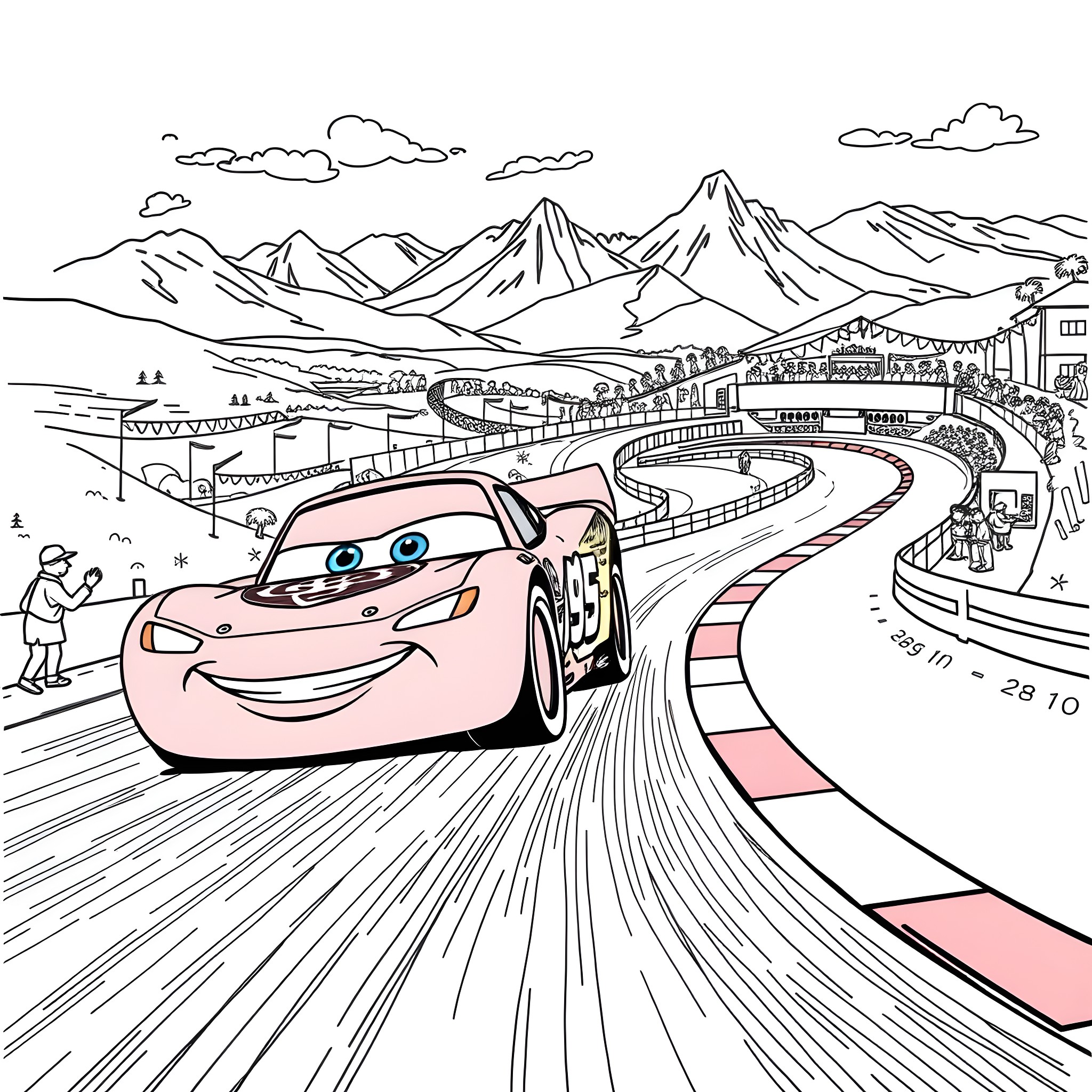 Lightning McQueen racing through the mountains Coloring Page (free black-and-white line drawing printable PDF for all, from beginners to advanced learners, including children, teens, adults, and seniors)