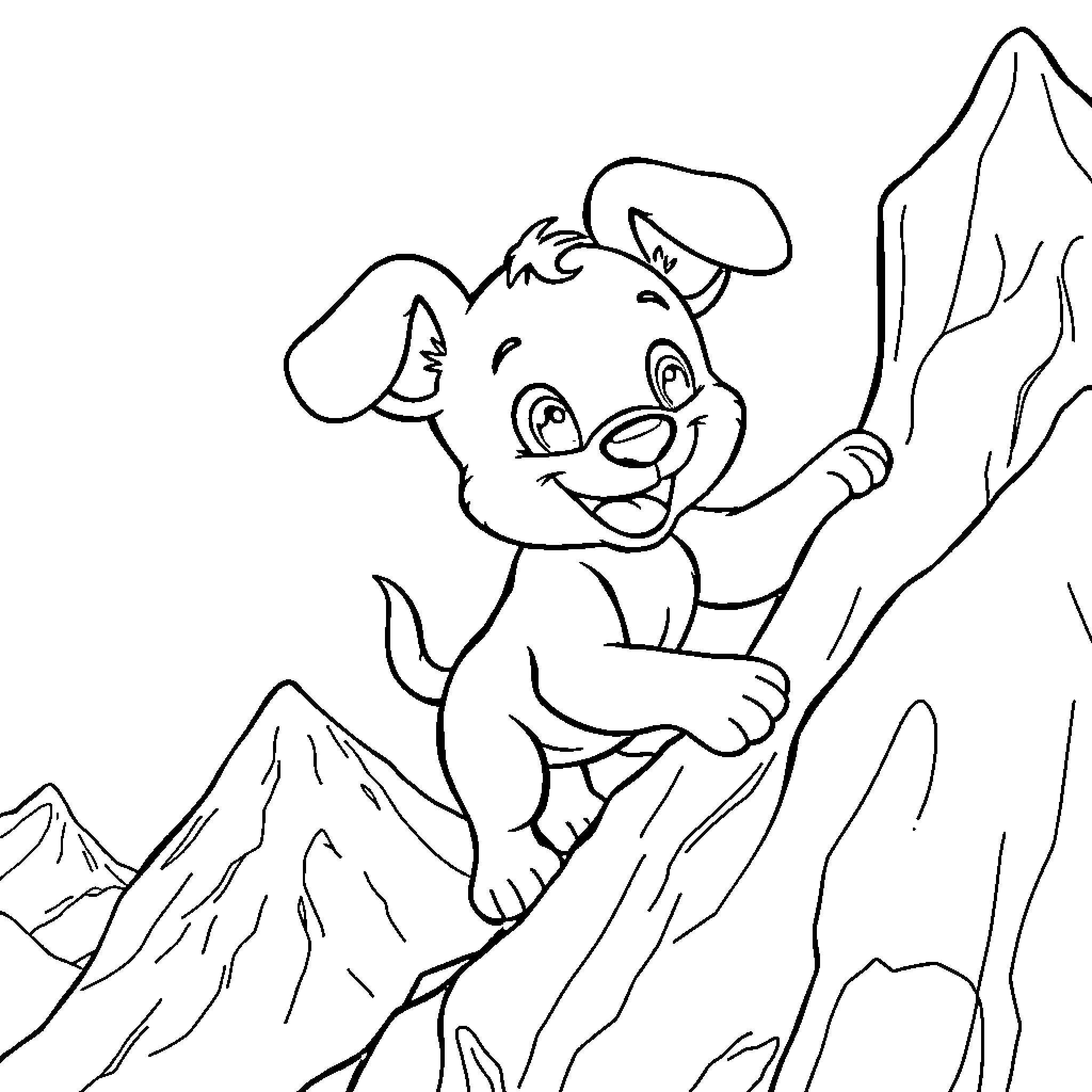 Bluey exploring mountain terrain Coloring Page (free black-and-white line drawing printable PDF for all, from beginners to advanced learners, including children, teens, adults, and seniors)