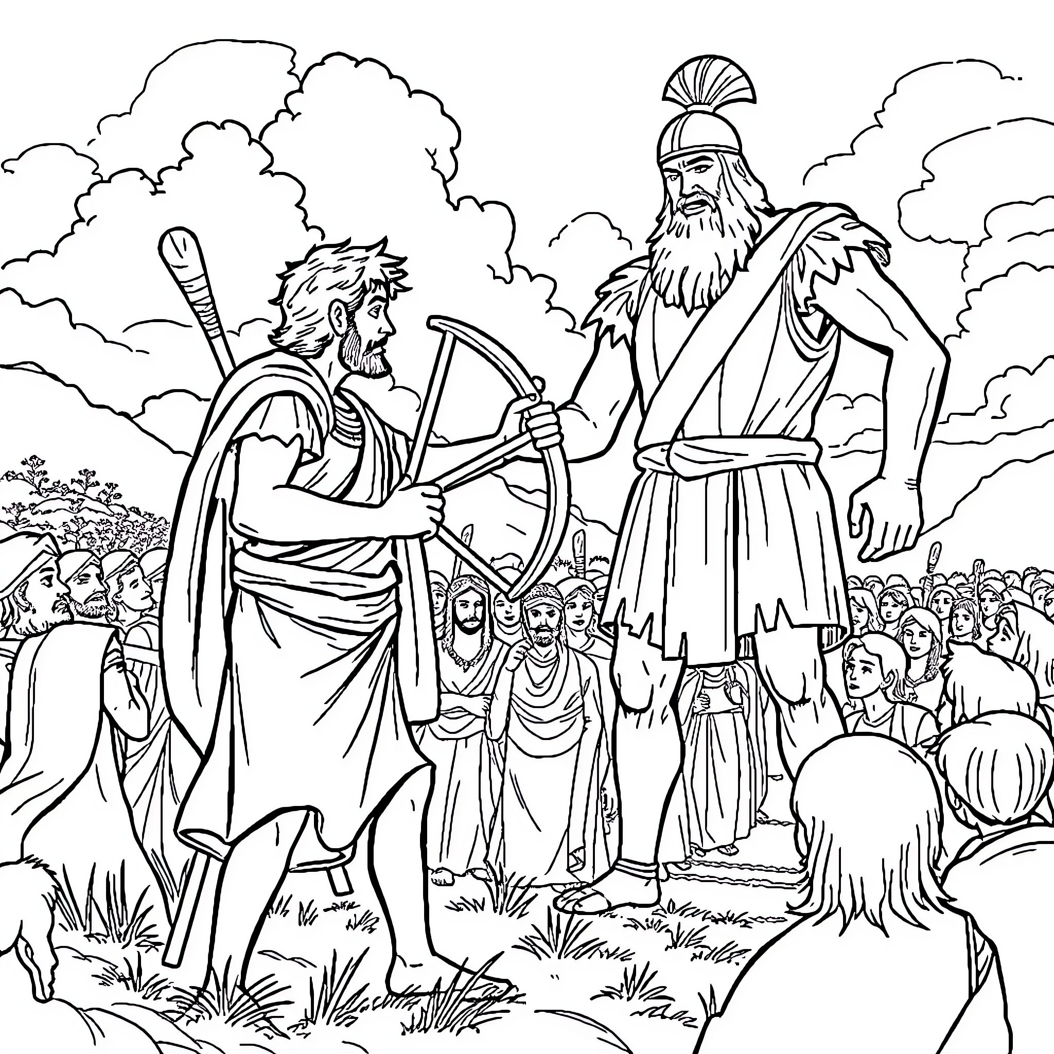 David and Goliath: Giant warrior confronting determined young man Coloring Page (free black-and-white line drawing printable PDF for all, from beginners to advanced learners, including children, teens, adults, and seniors)