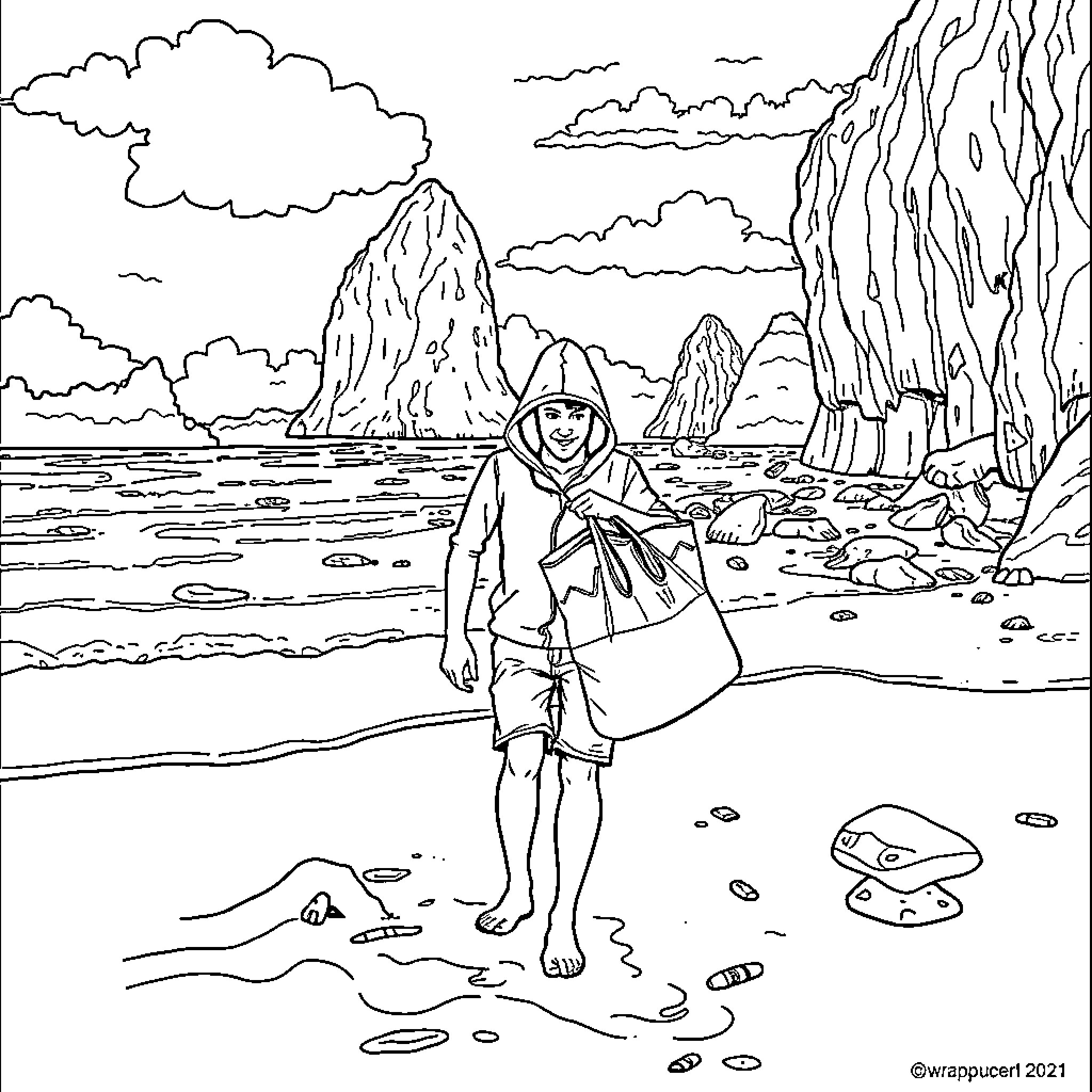 Excavator exploring the rocky coastline Coloring Page (free black-and-white line drawing printable PDF for all, from beginners to advanced learners, including children, teens, adults, and seniors)