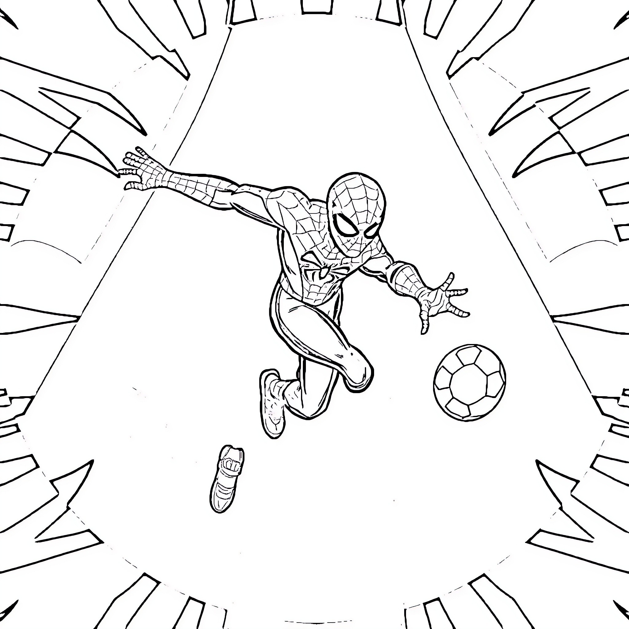 Spider-Man swinging in action with soccer ball Coloring Page (free black-and-white line drawing printable PDF for all, from beginners to advanced learners, including children, teens, adults, and seniors)