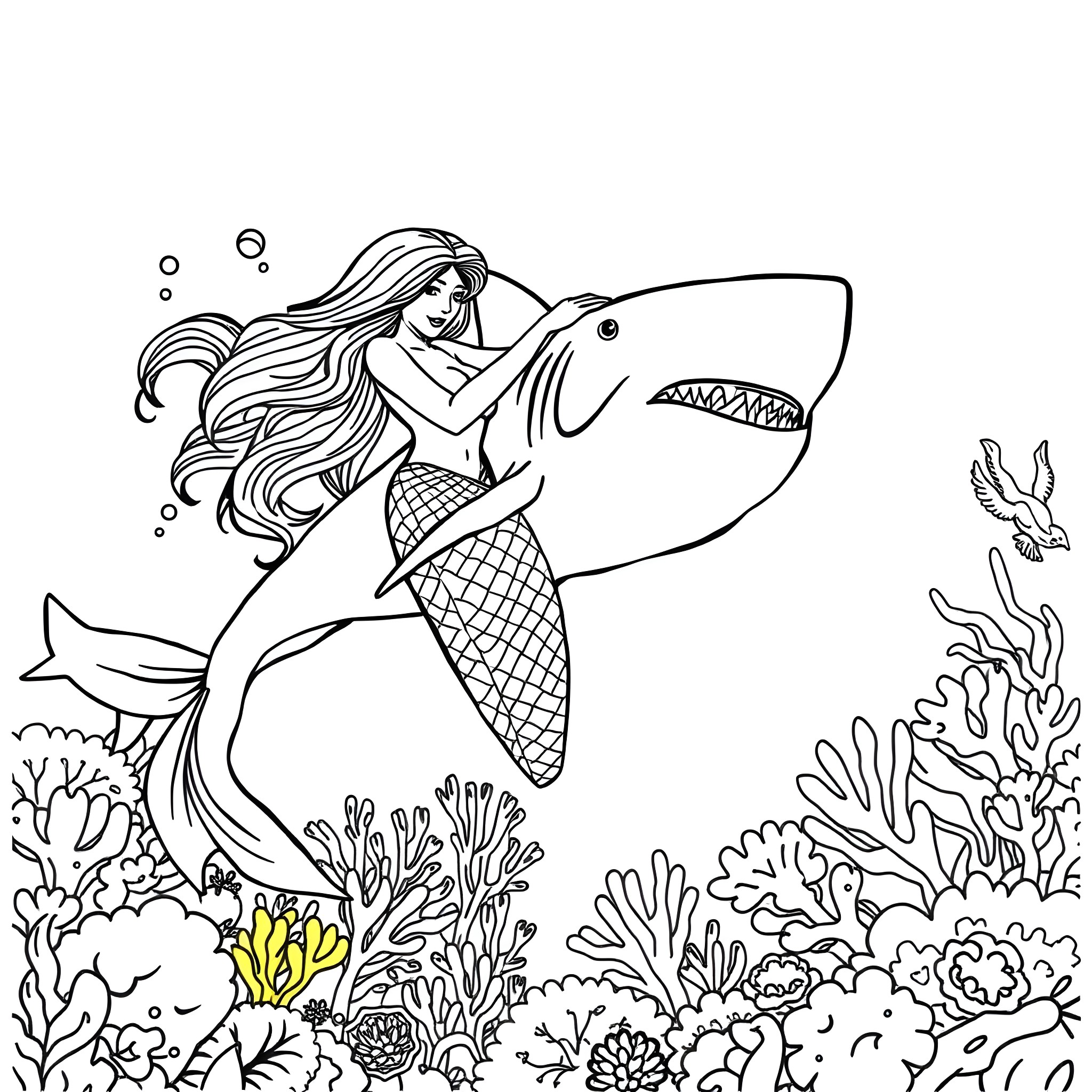 Mermaid swimming with shark in underwater seascape Coloring Page (free black-and-white line drawing printable PDF for all, from beginners to advanced learners, including children, teens, adults, and seniors)