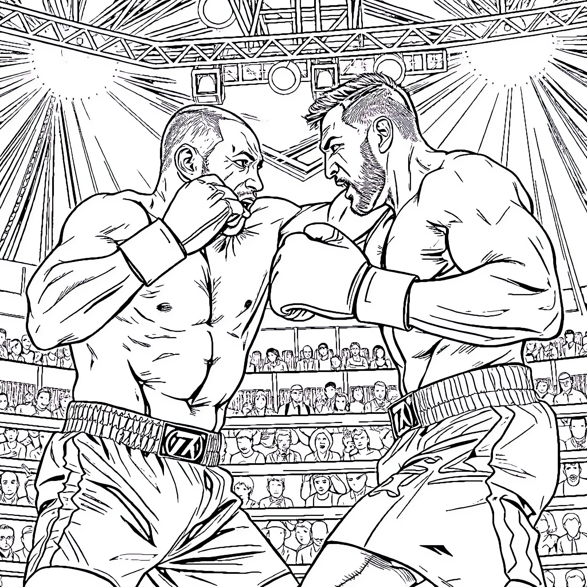 Jon Jones and an opponent in an intense boxing match Coloring Page (free black-and-white line drawing printable PDF for all, from beginners to advanced learners, including children, teens, adults, and seniors)