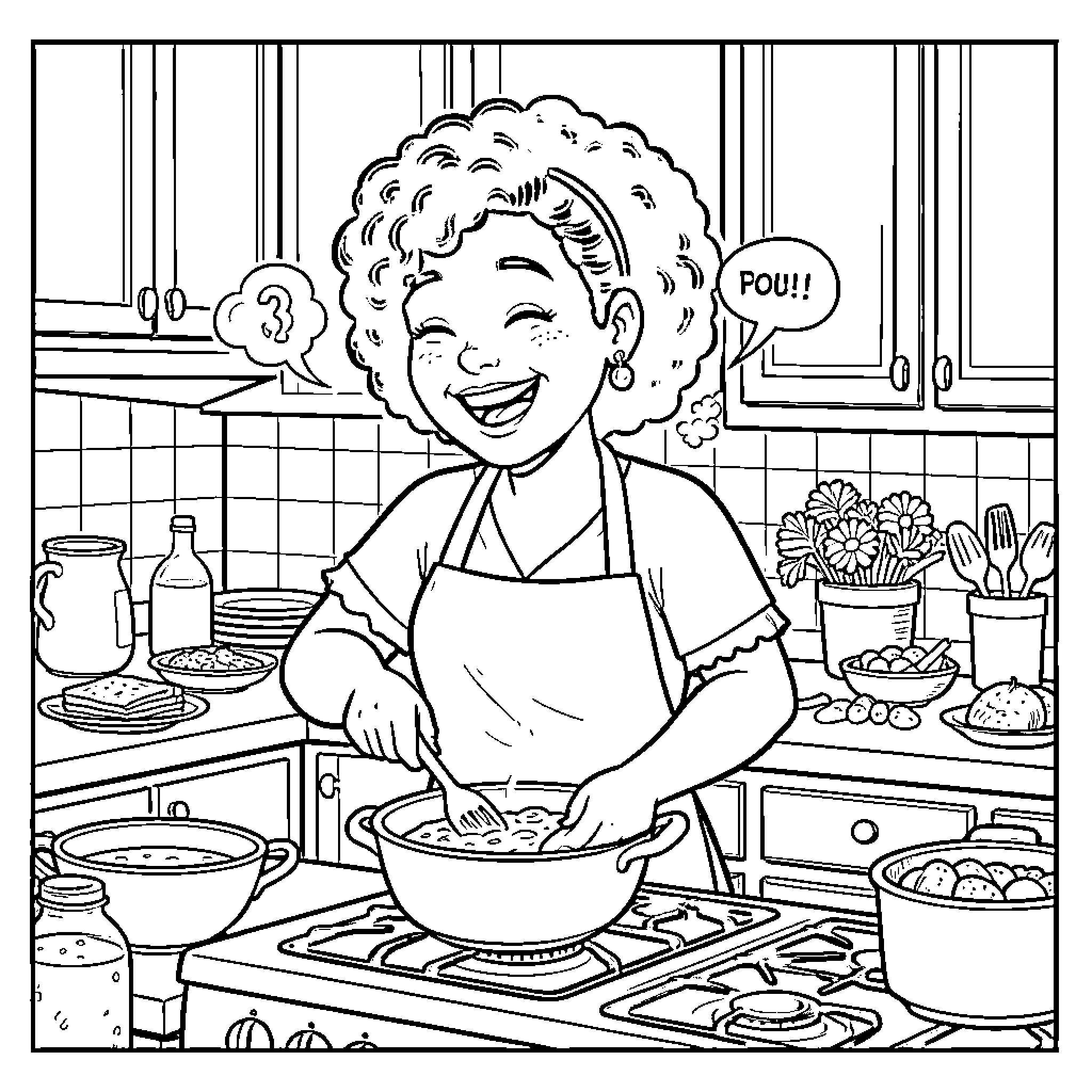 Joyce Marable cooking joyfully in the kitchen Coloring Page (free black-and-white line drawing printable PDF for all, from beginners to advanced learners, including children, teens, adults, and seniors)