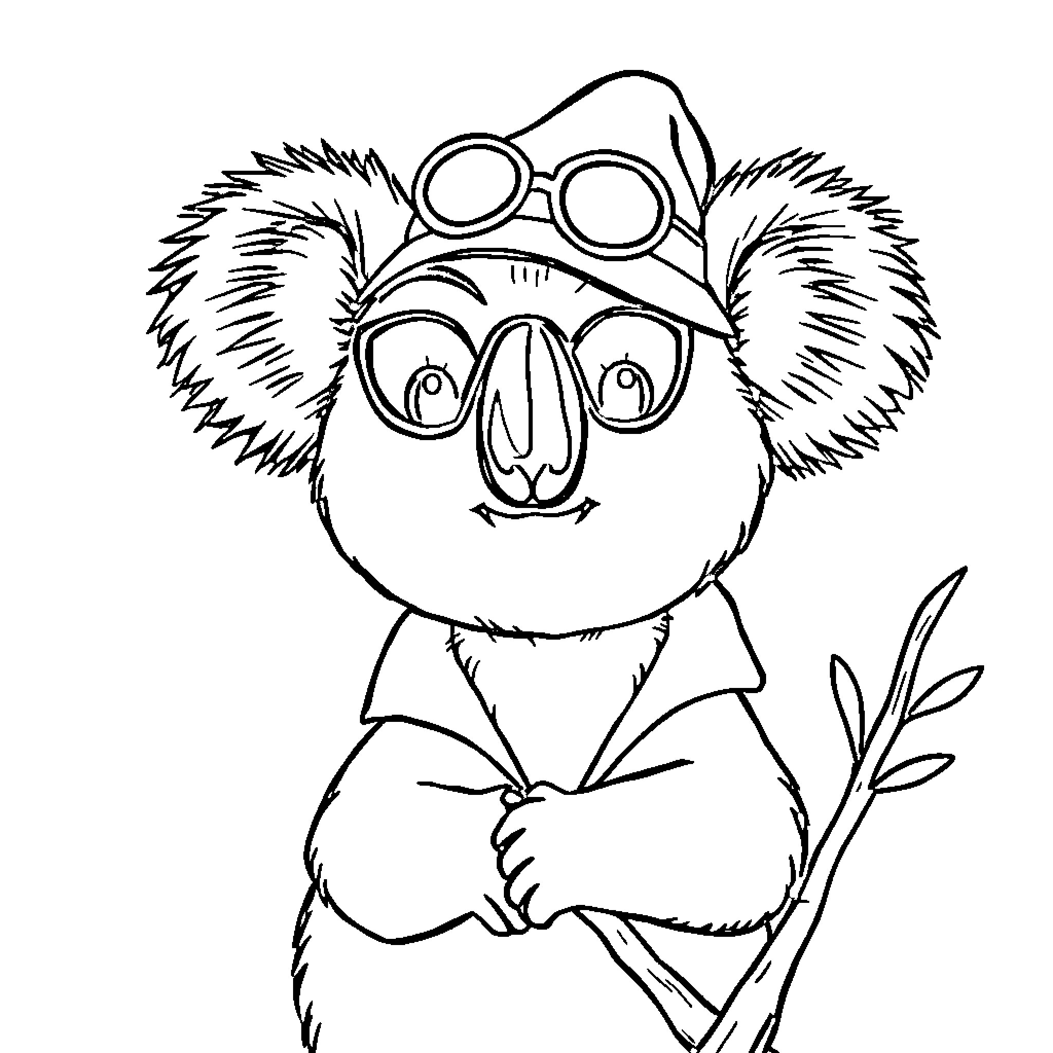 Koala wearing goggles and holding a stick Coloring Page (free black-and-white line drawing printable PDF for all, from beginners to advanced learners, including children, teens, adults, and seniors)