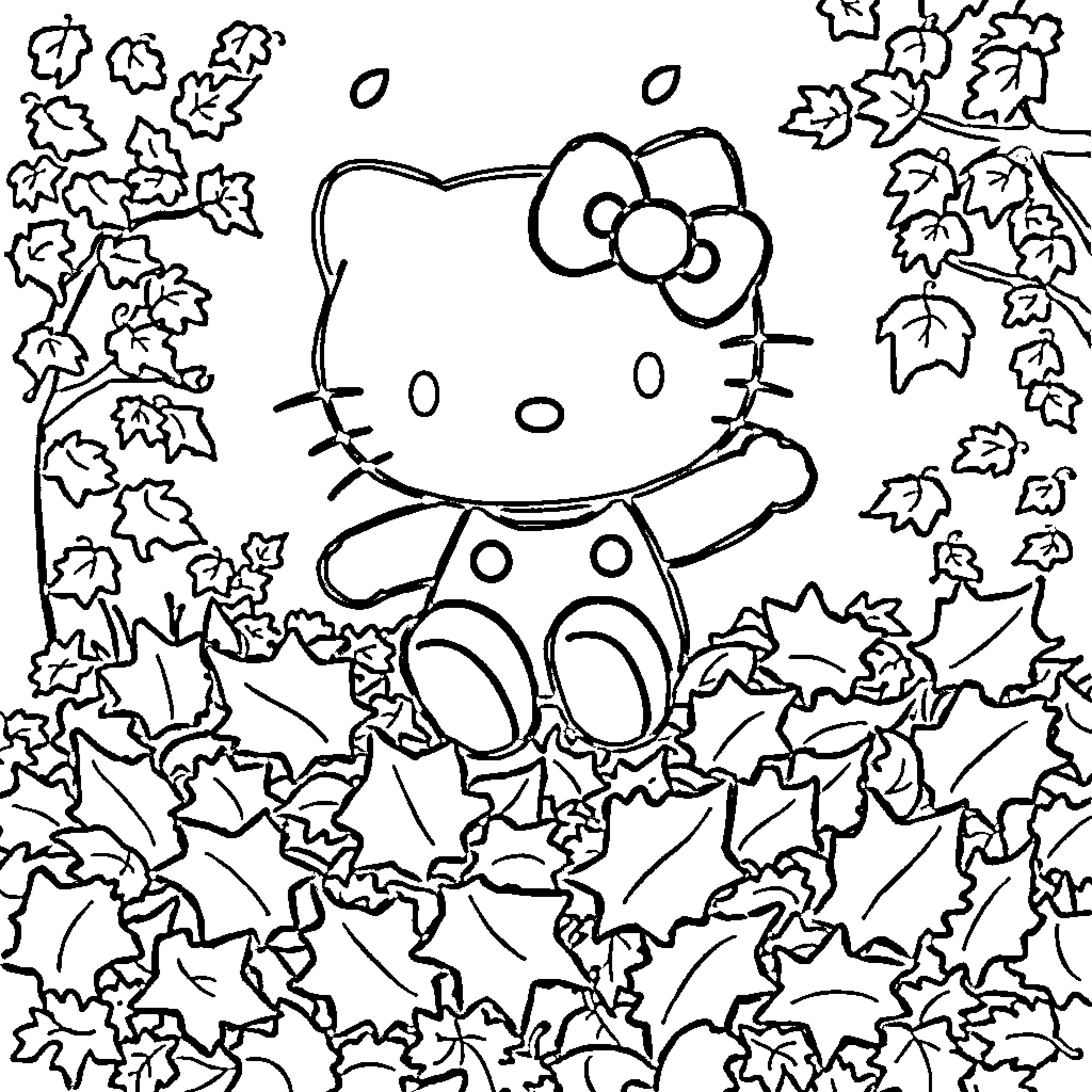Hello Kitty playing in autumn leaves Coloring Page (free black-and-white line drawing printable PDF for all, from beginners to advanced learners, including children, teens, adults, and seniors)