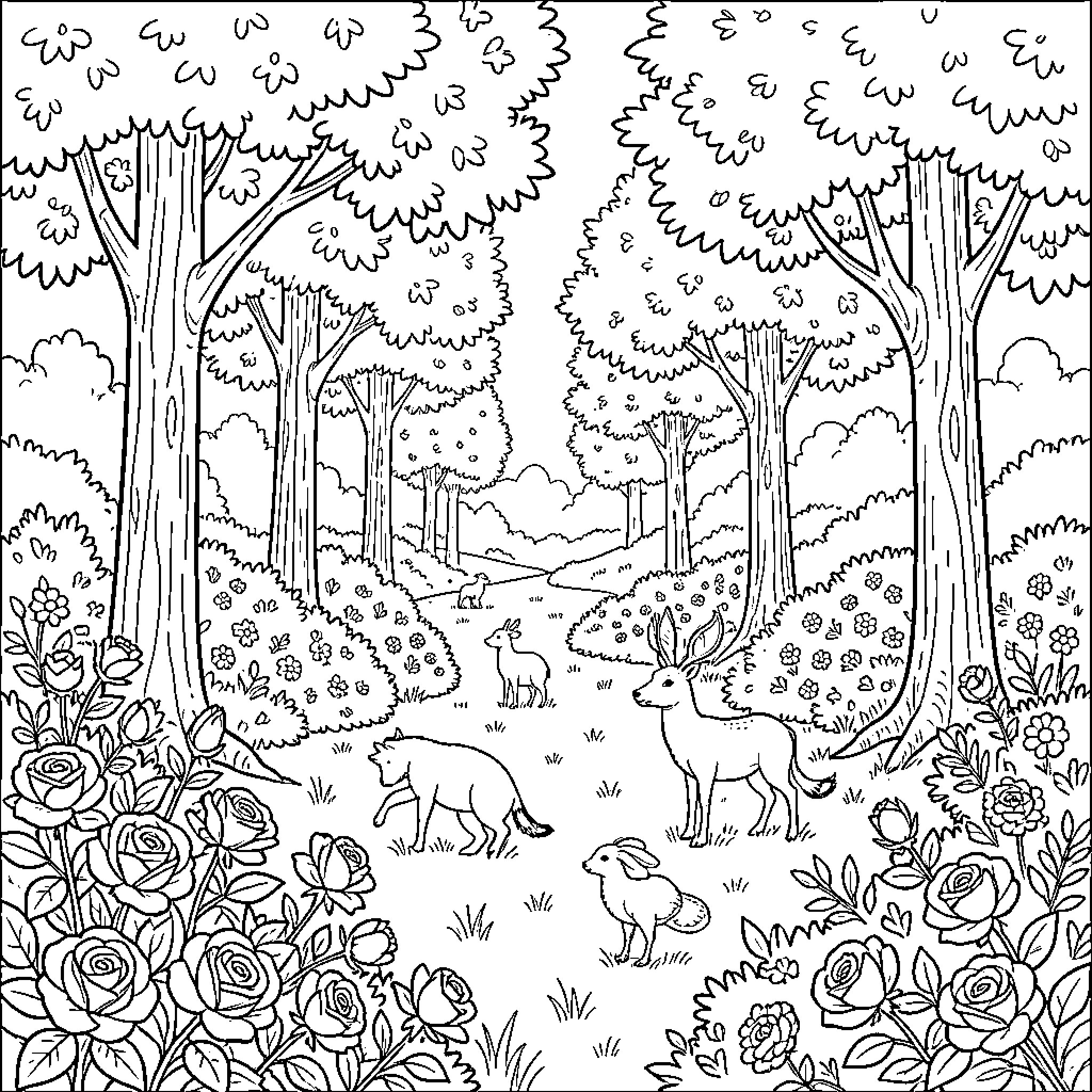 Nature scene with deer and animals in the forest Coloring Page (free black-and-white line drawing printable PDF for all, from beginners to advanced learners, including children, teens, adults, and seniors)
