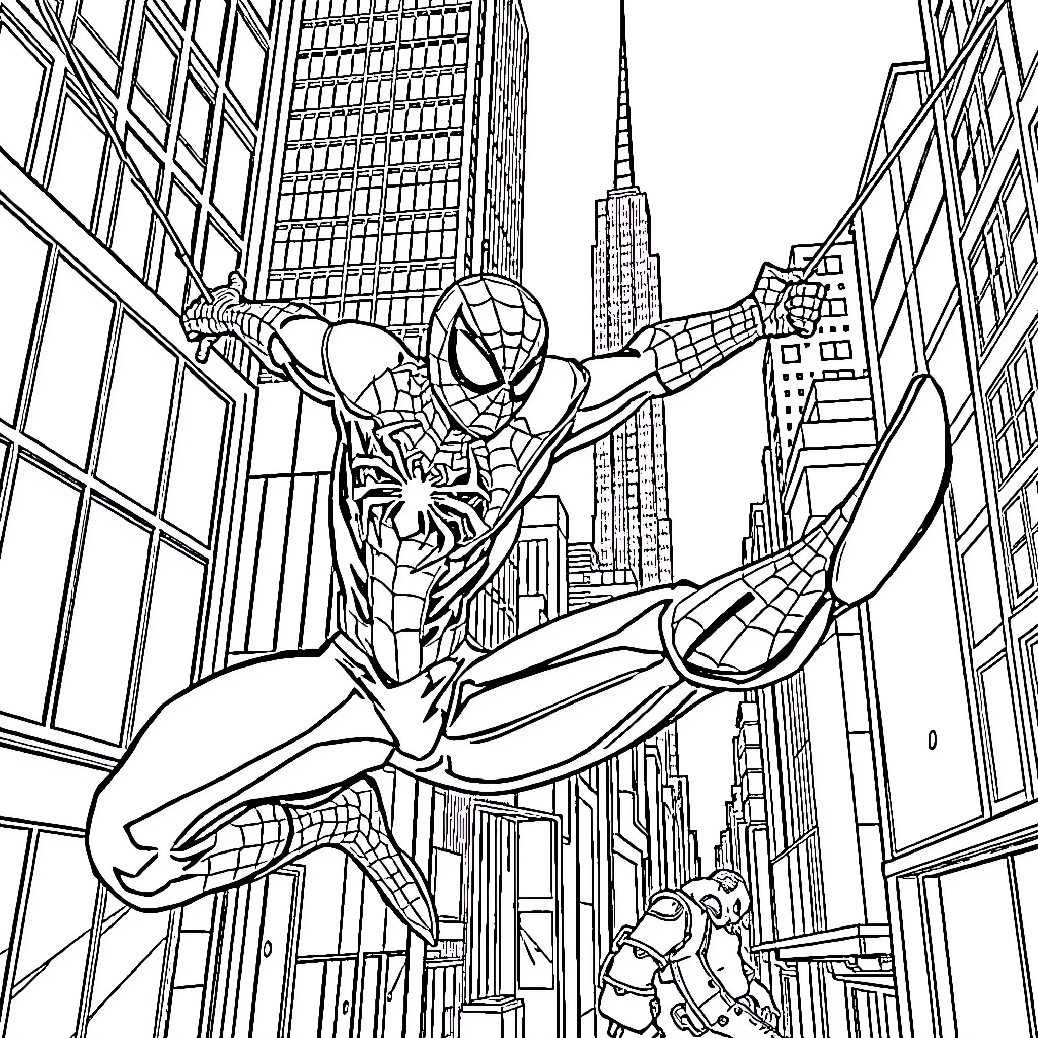 Spider-Man swinging through the cityscape Coloring Page (free black-and-white line drawing printable PDF for all, from beginners to advanced learners, including children, teens, adults, and seniors)