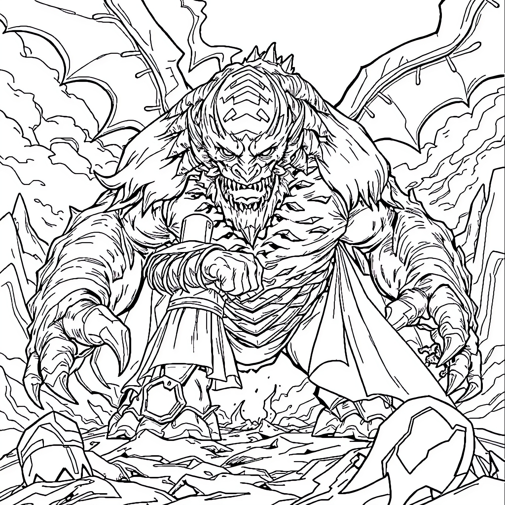 Ultrament Fearsome Demon Unleashing Destruction Coloring Page (free black-and-white line drawing printable PDF for all, from beginners to advanced learners, including children, teens, adults, and seniors)