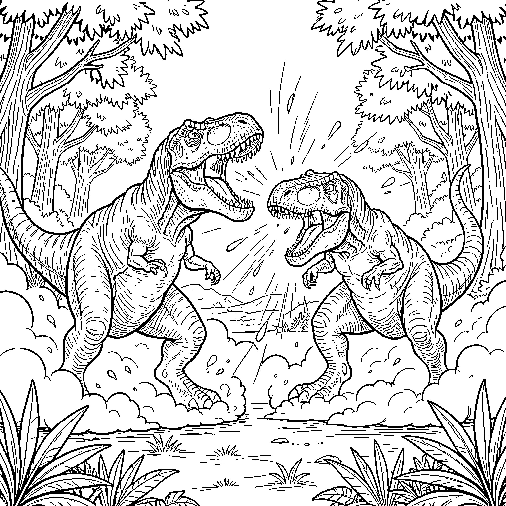 Dinosaur fighting aggressively in a prehistoric jungle Coloring Page (free black-and-white line drawing printable PDF for all, from beginners to advanced learners, including children, teens, adults, and seniors)