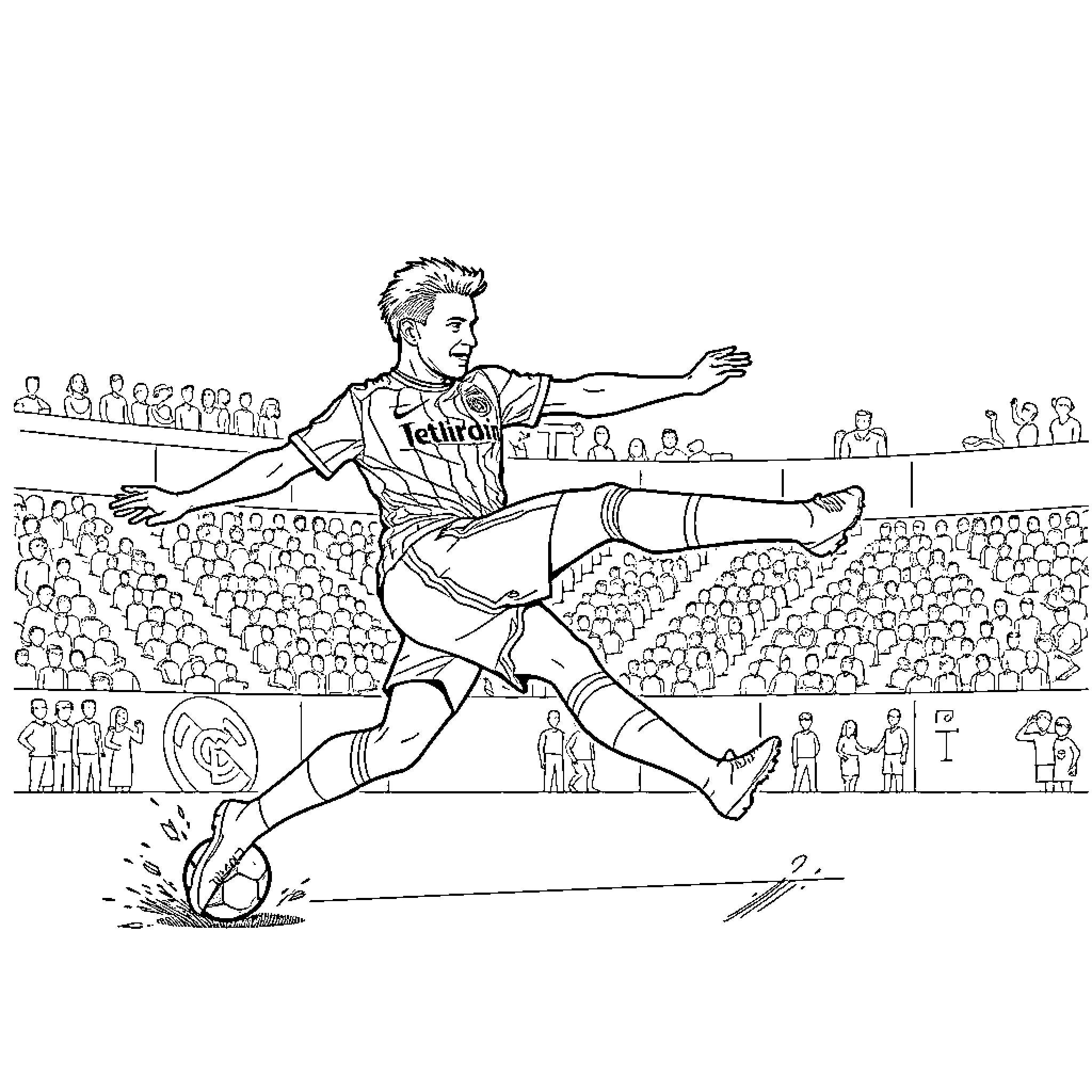 Jugador realizando espectacular jugada en el campo de fútbol Coloring Page (free black-and-white line drawing printable PDF for all, from beginners to advanced learners, including children, teens, adults, and seniors)