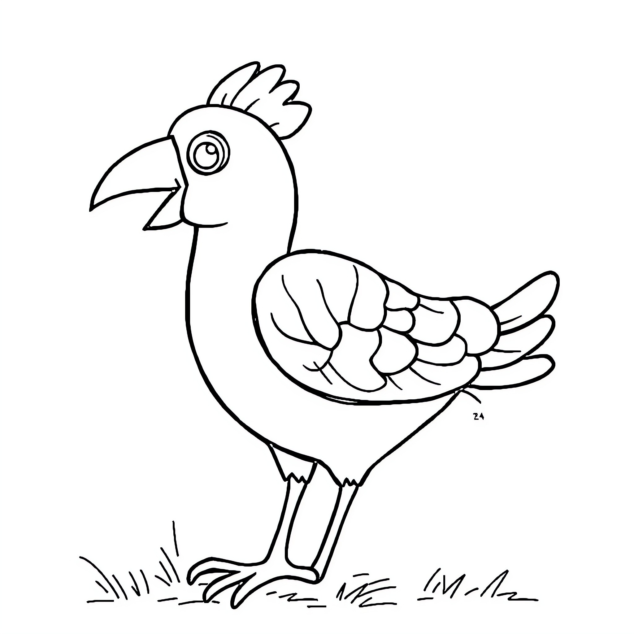 Drawing of a cheerful bird character Coloring Page (free black-and-white line drawing printable PDF for all, from beginners to advanced learners, including children, teens, adults, and seniors)