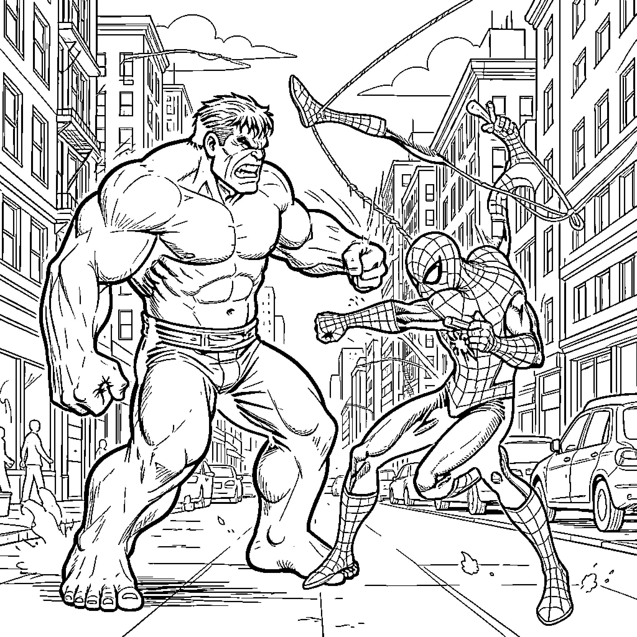 Hulk battling Spider-Man in the city streets Coloring Page (free black-and-white line drawing printable PDF for all, from beginners to advanced learners, including children, teens, adults, and seniors)