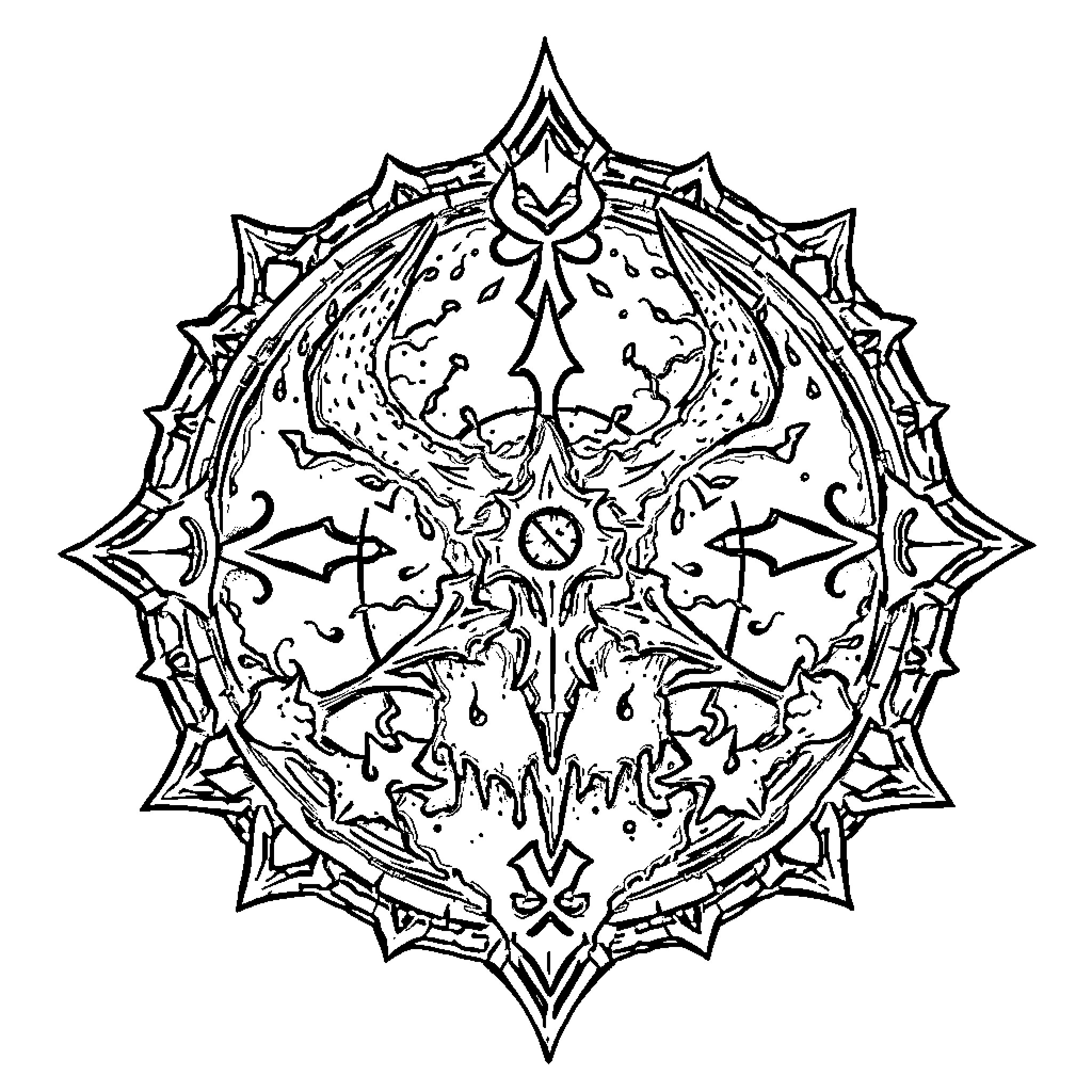 Nurgle's Chaotic Sigil of Corruption Coloring Page (free black-and-white line drawing printable PDF for all, from beginners to advanced learners, including children, teens, adults, and seniors)