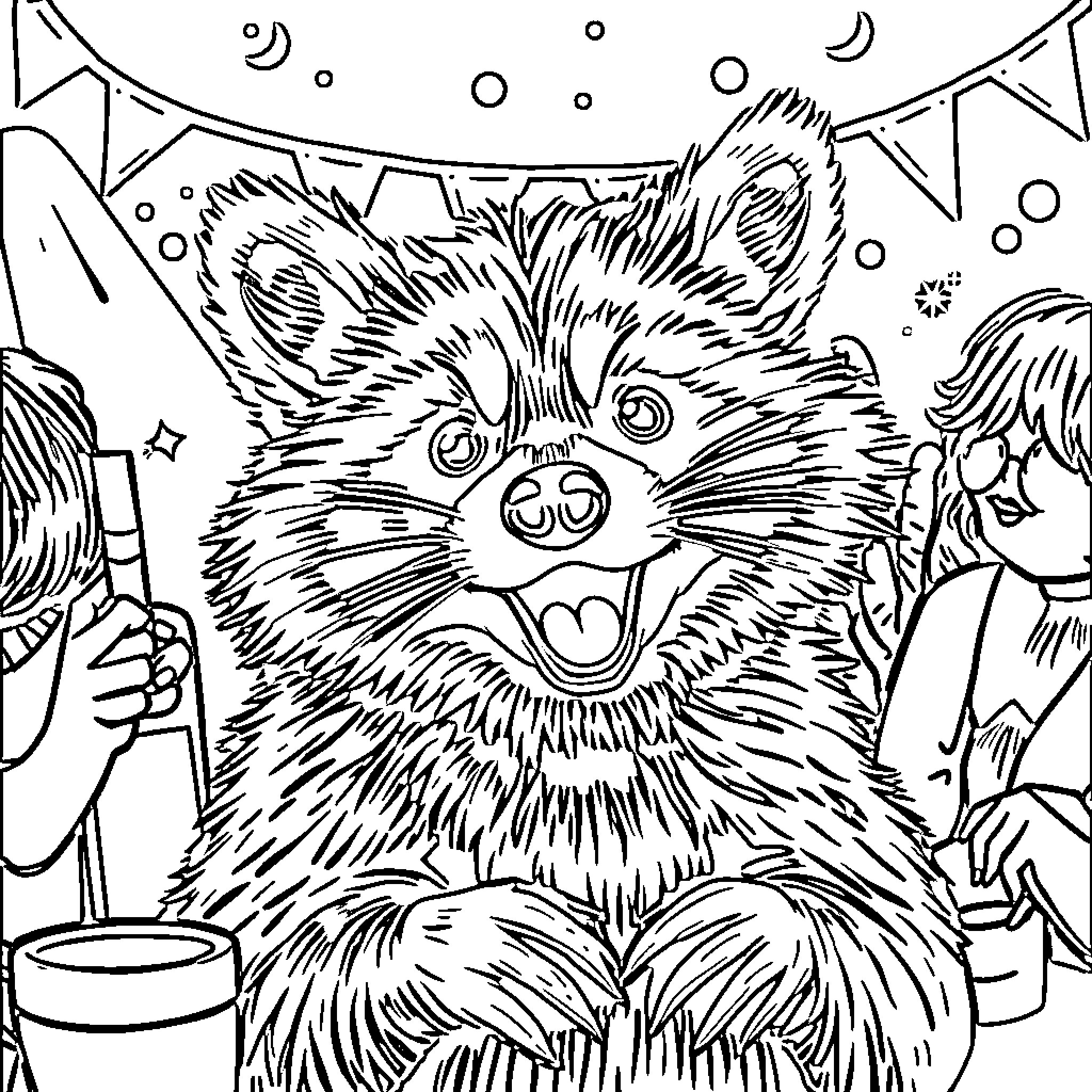 Raccoon enjoying a party with friends Coloring Page (free black-and-white line drawing printable PDF for all, from beginners to advanced learners, including children, teens, adults, and seniors)