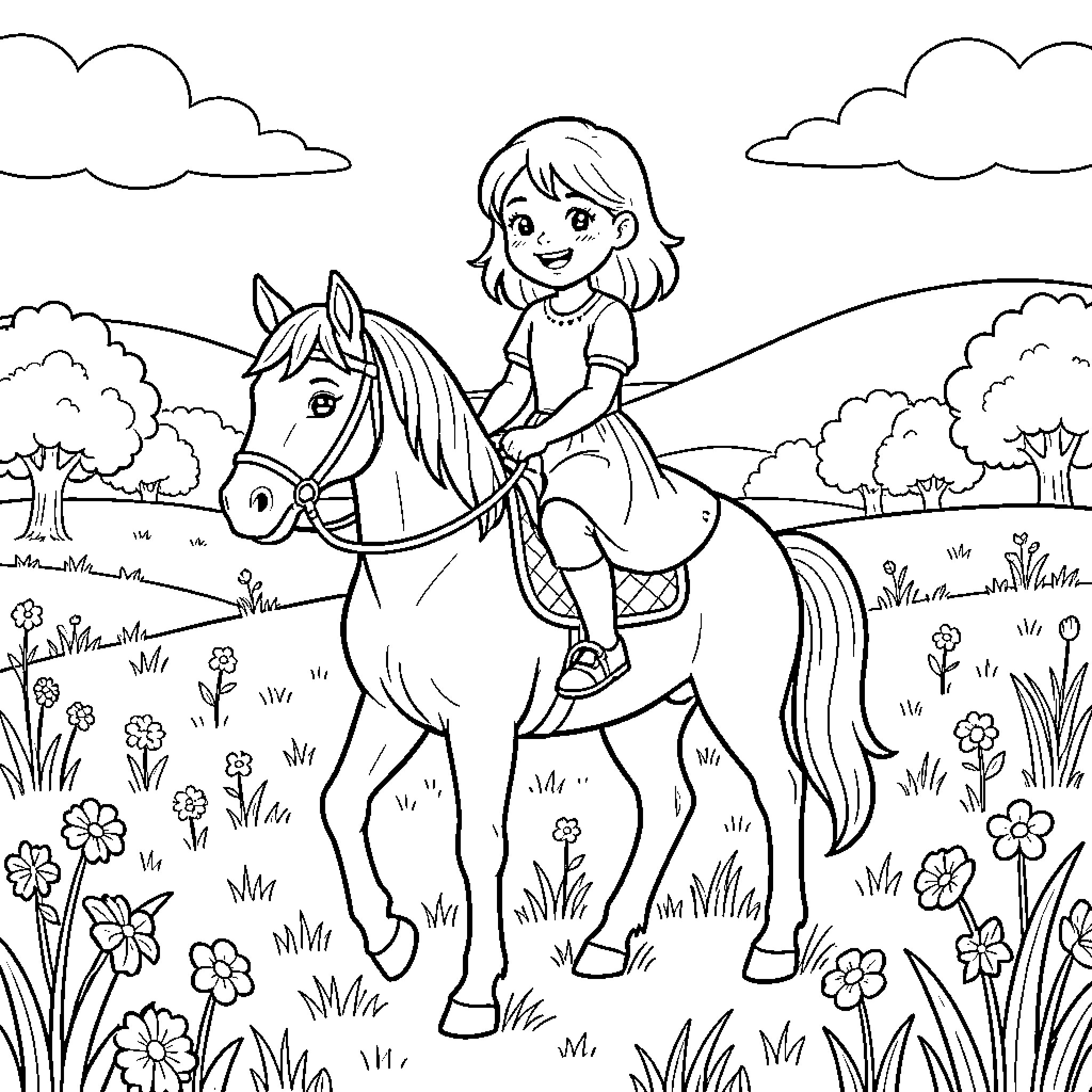 Fillette riding a horse through a flowery meadow Coloring Page (free black-and-white line drawing printable PDF for all, from beginners to advanced learners, including children, teens, adults, and seniors)