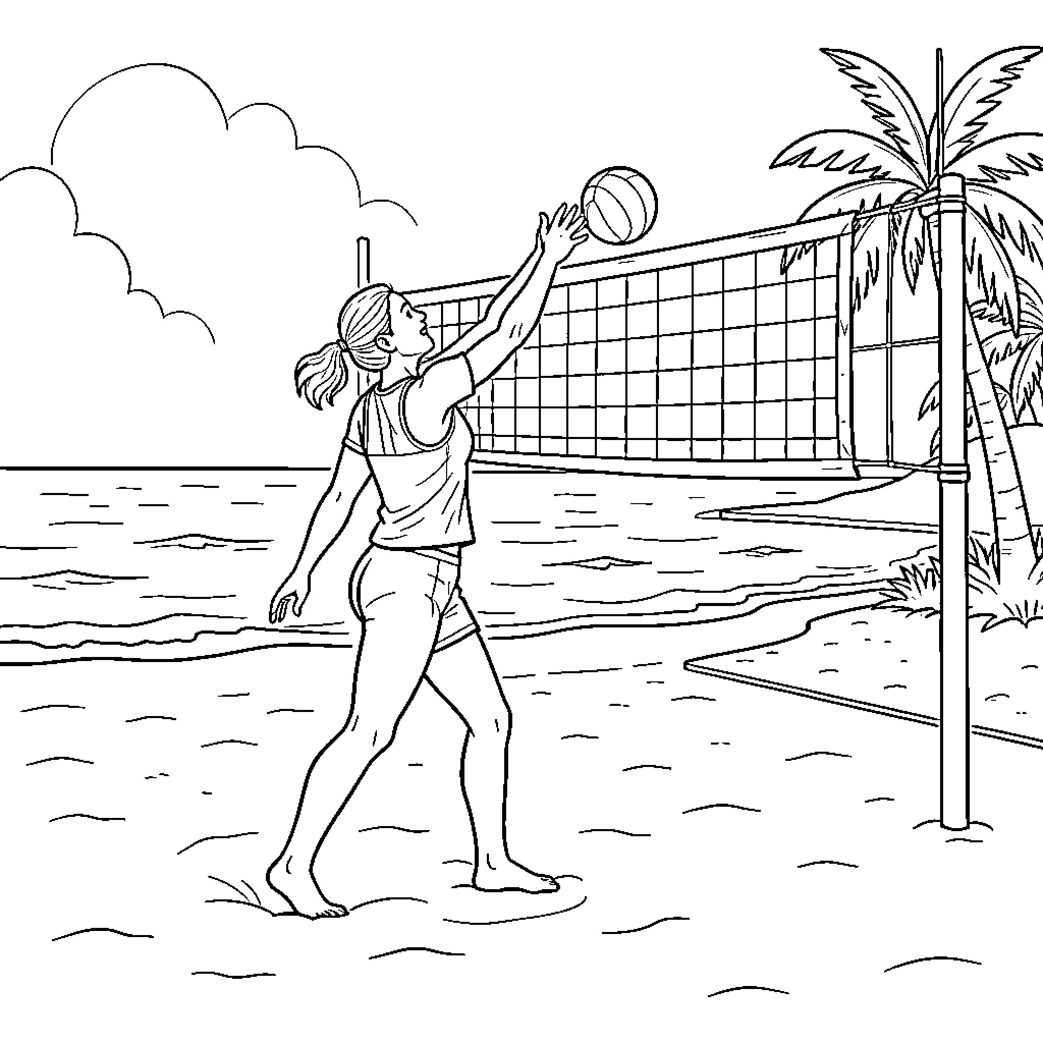 René playing volleyball on a sunny beach Coloring Page (free black-and-white line drawing printable PDF for all, from beginners to advanced learners, including children, teens, adults, and seniors)