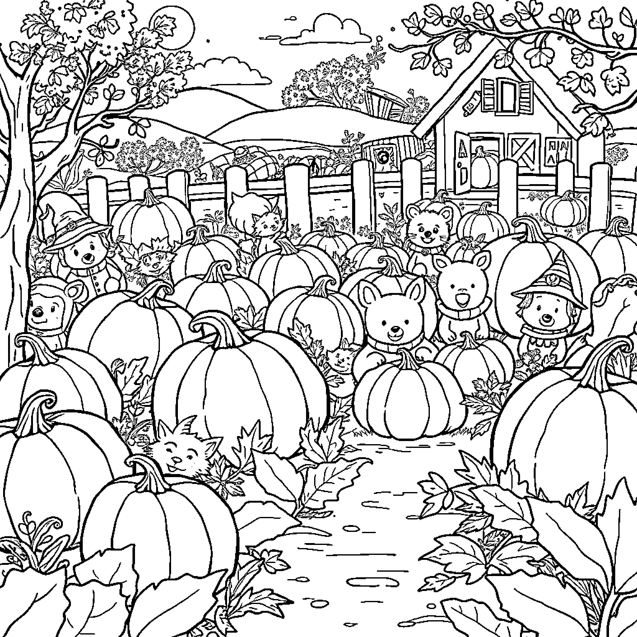 Pumpkins, animals, and autumn scenery Coloring Page (free black-and-white line drawing printable PDF for all, from beginners to advanced learners, including children, teens, adults, and seniors)
