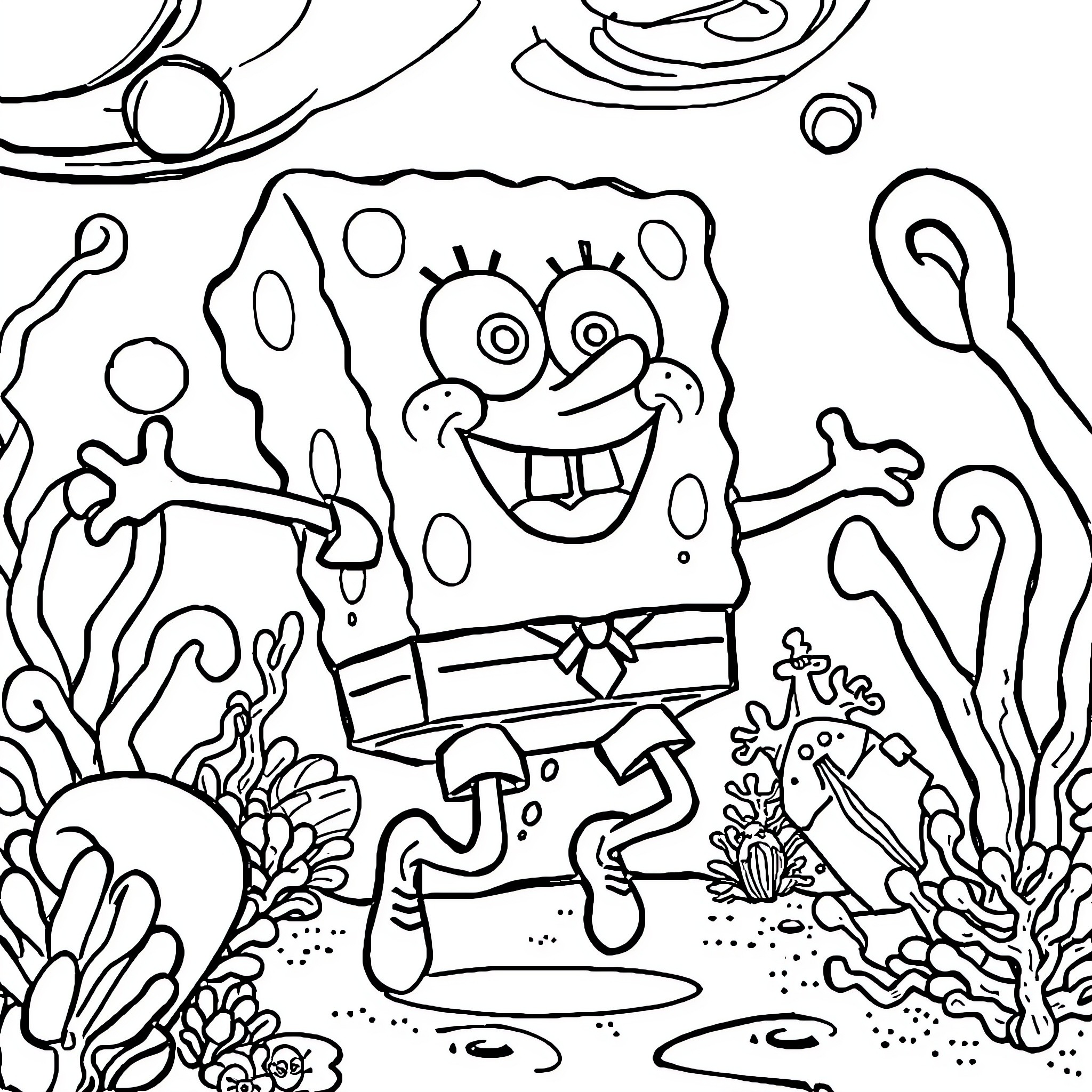 Spongebob enjoying a fun underwater adventure Coloring Page (free black-and-white line drawing printable PDF for all, from beginners to advanced learners, including children, teens, adults, and seniors)