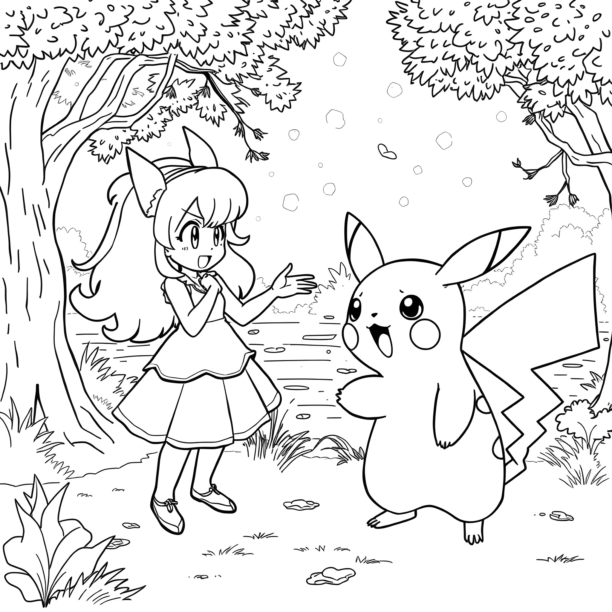 Misty adventure with a playful Pokemon in the forest Coloring Page (free black-and-white line drawing printable PDF for all, from beginners to advanced learners, including children, teens, adults, and seniors)