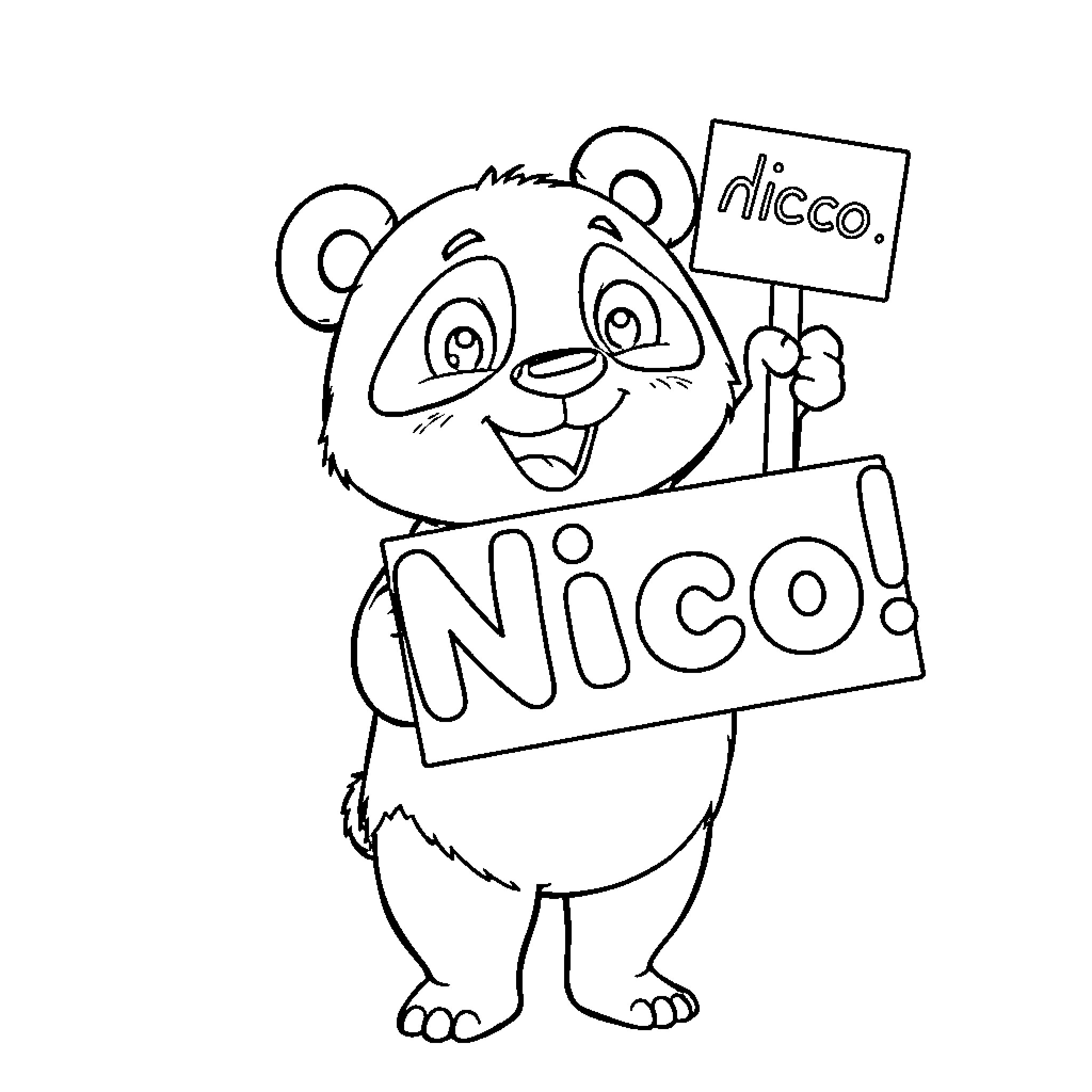 Panda holding a sign and celebrating Coloring Page (free black-and-white line drawing printable PDF for all, from beginners to advanced learners, including children, teens, adults, and seniors)