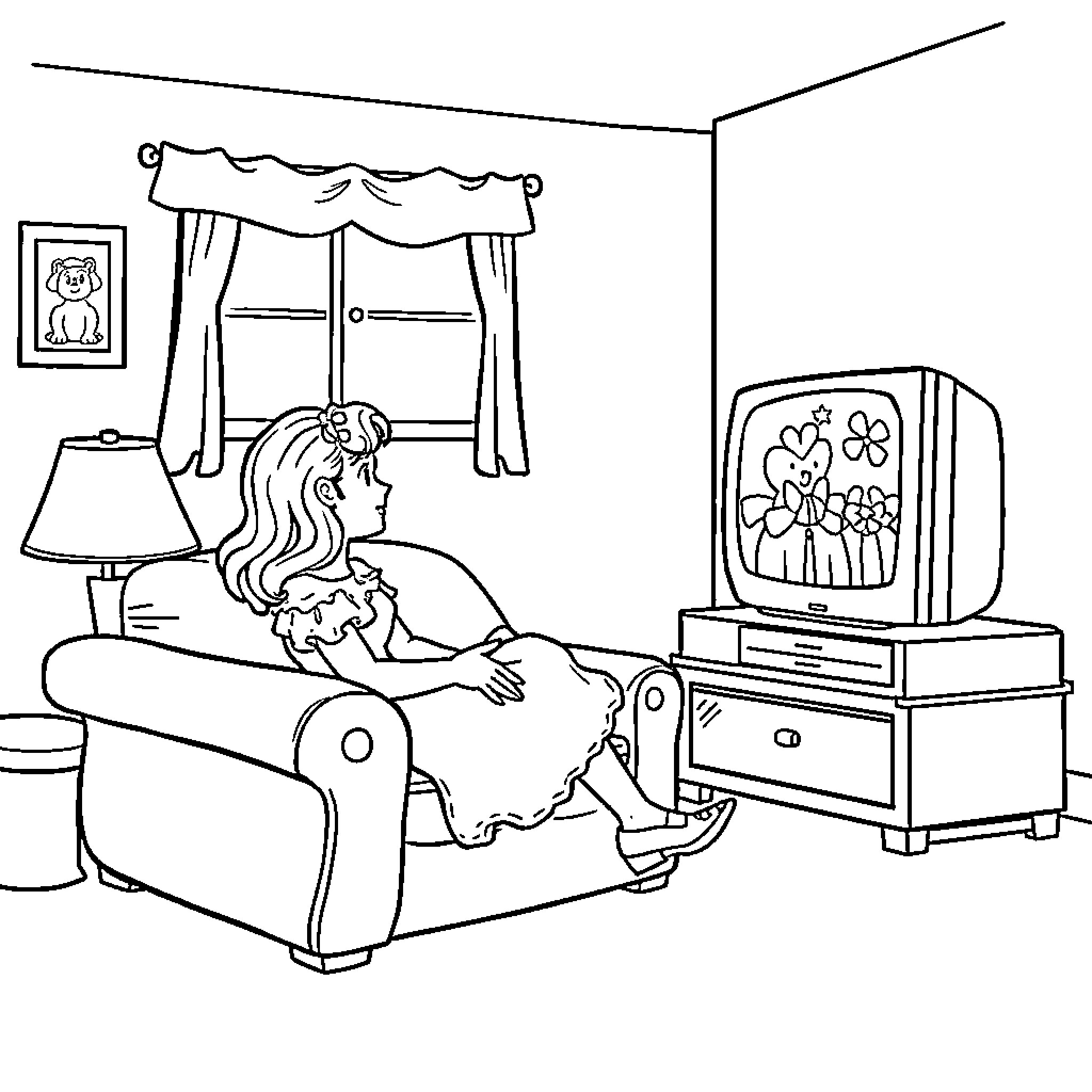 Dorothy relaxing on the couch in her room Coloring Page (free black-and-white line drawing printable PDF for all, from beginners to advanced learners, including children, teens, adults, and seniors)