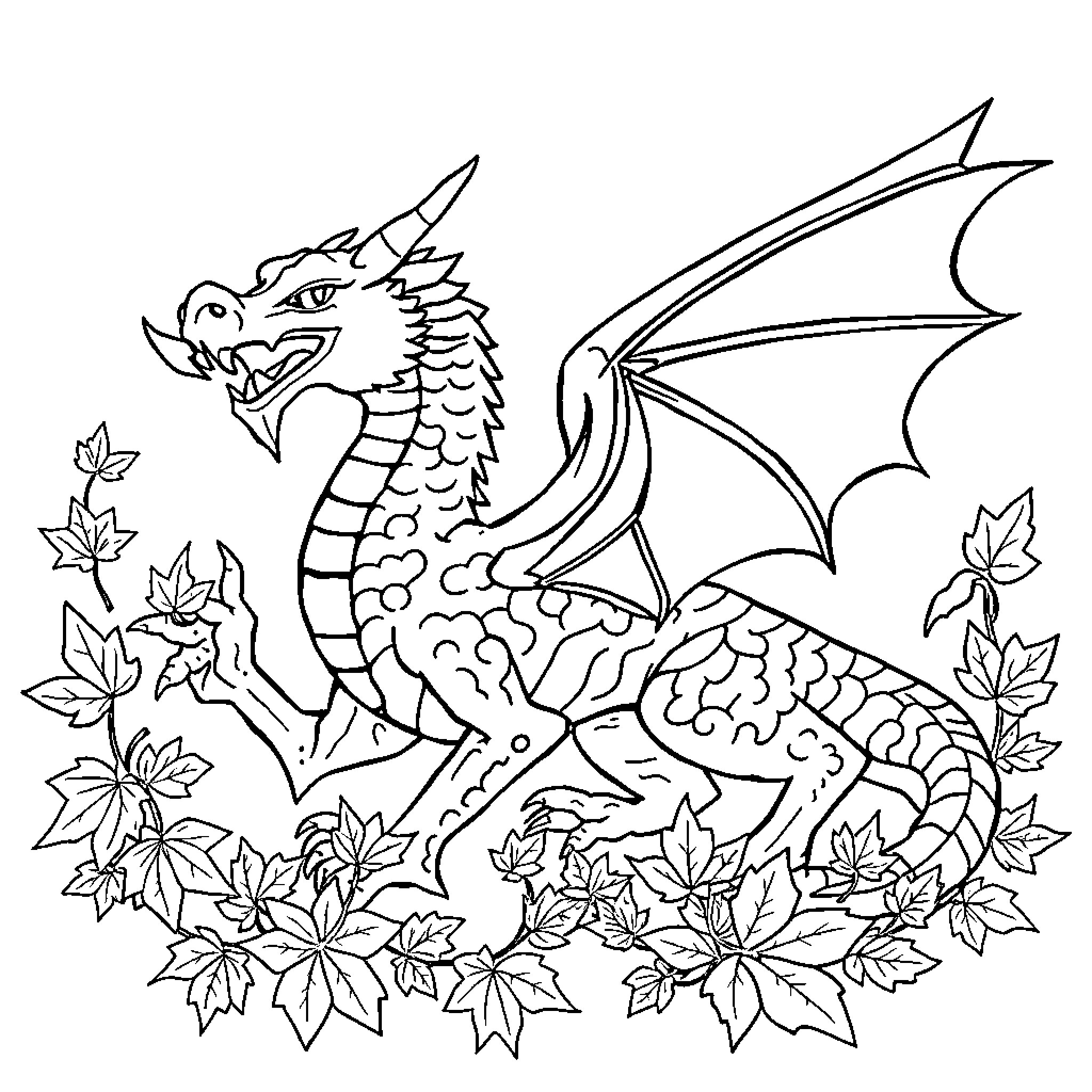 Dragon soaring amidst autumn leaves Coloring Page (free black-and-white line drawing printable PDF for all, from beginners to advanced learners, including children, teens, adults, and seniors)